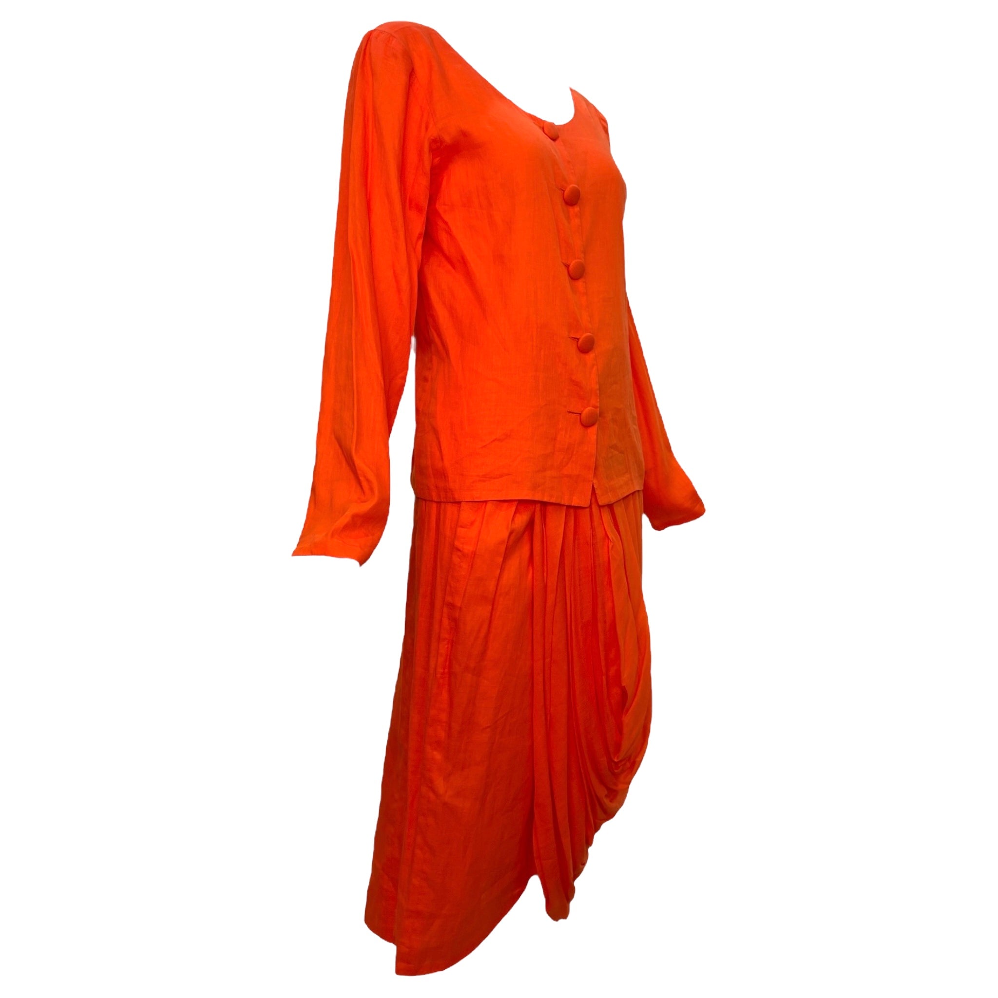 Allison Goulard 1980's Bright Orange Cotton Skirt Ensemble, side