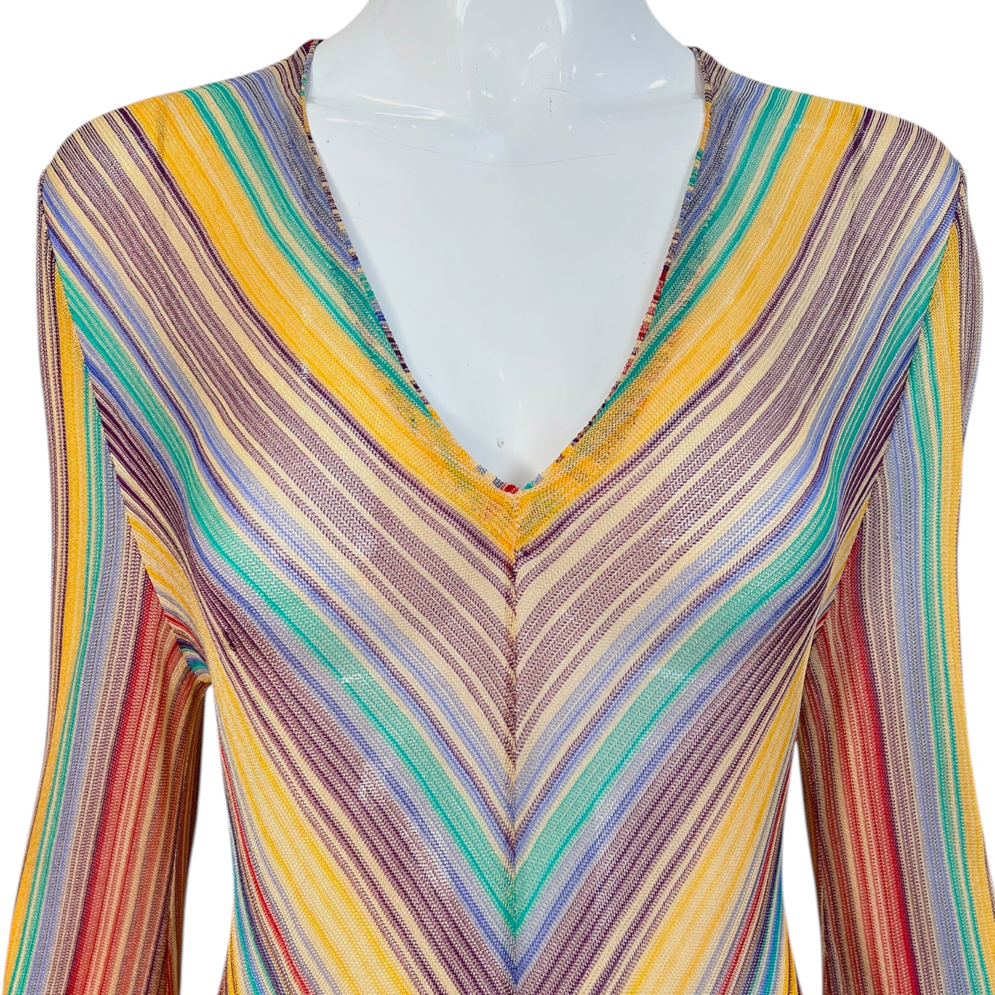 Missoni S/S 1997 Striped Fringed 3 Piece Knit Rayon Ensemble, neckline