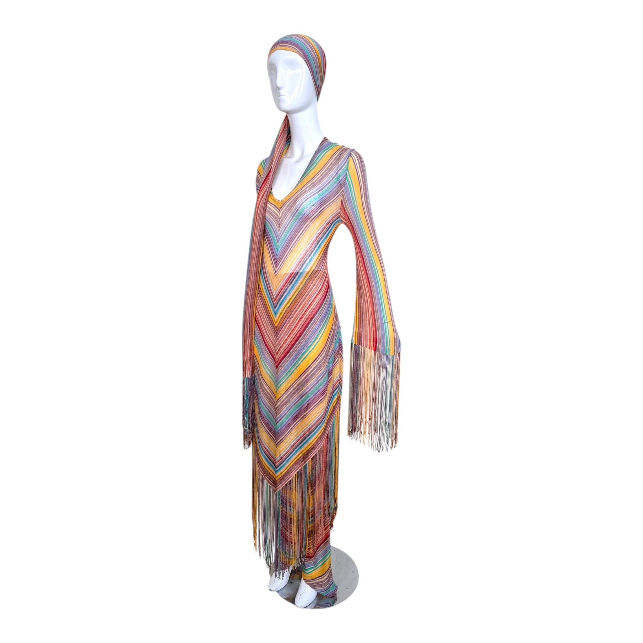 Missoni S/S 1997 Striped Fringed 3 Piece Knit Rayon Ensemble, slight side 2