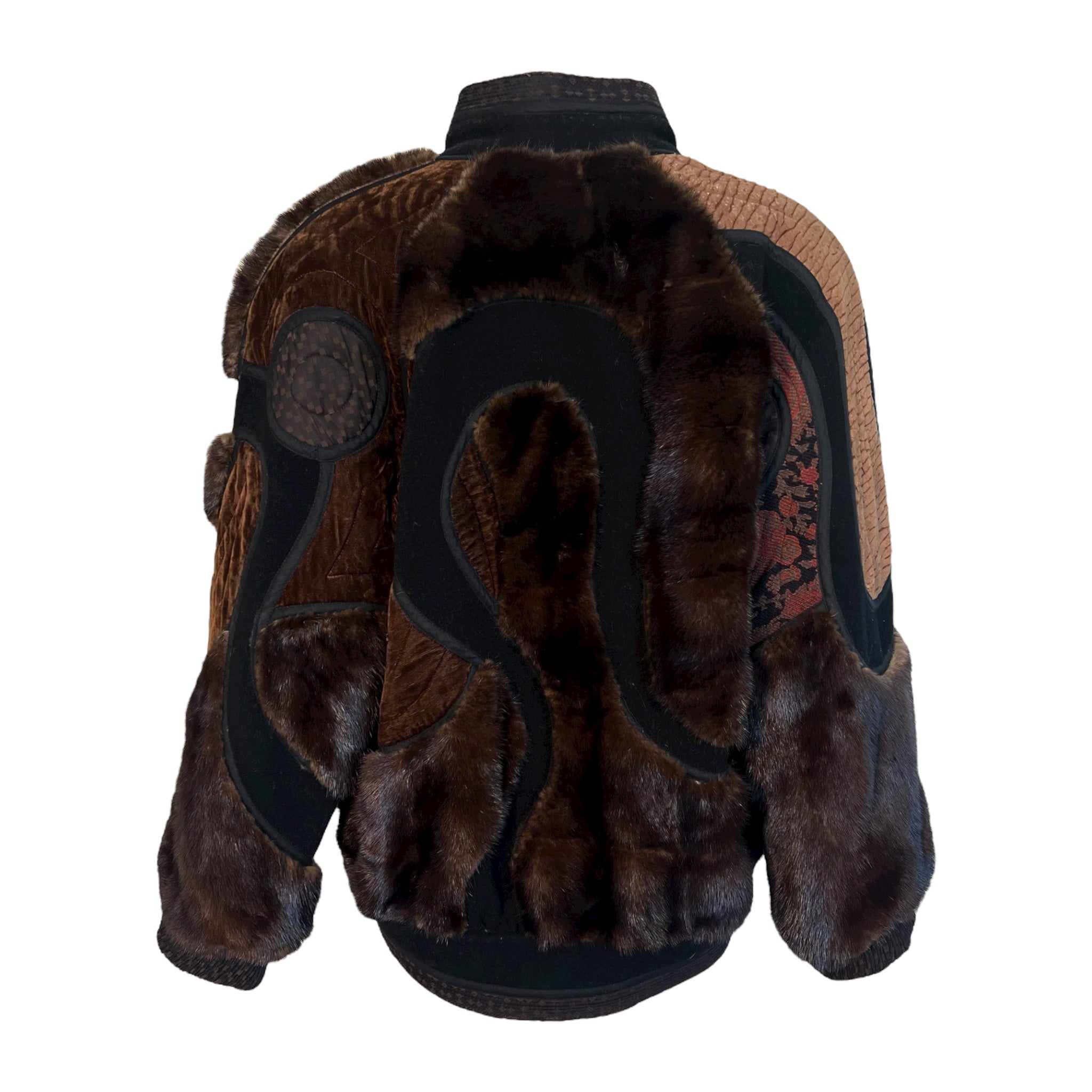 KOOS Couture Brown Fur Patchwork Fur Bomber Coat, back