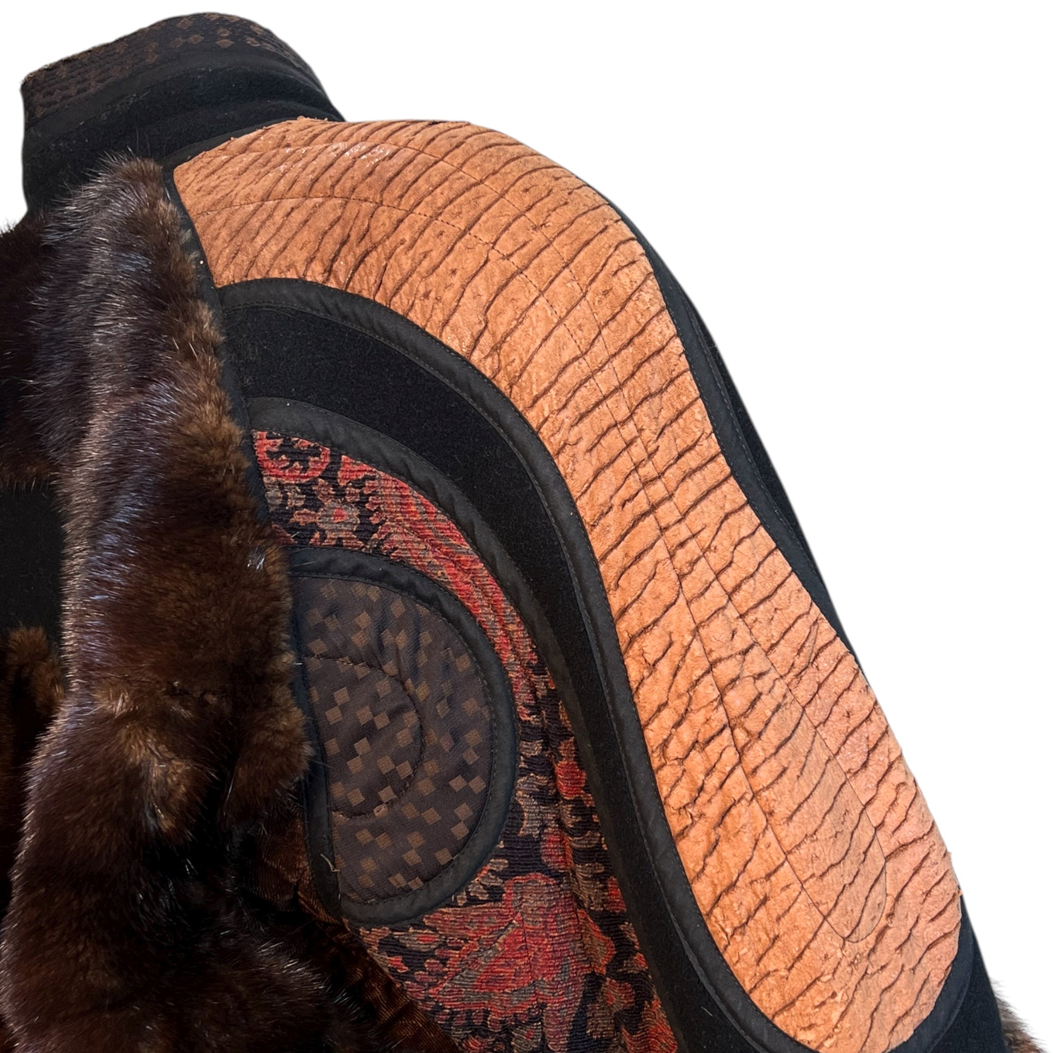 KOOS Couture Brown Fur Patchwork Fur Bomber Coat, detail