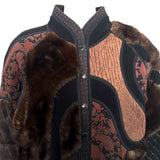 KOOS Couture Brown Fur Patchwork Fur Bomber Coat, top detail