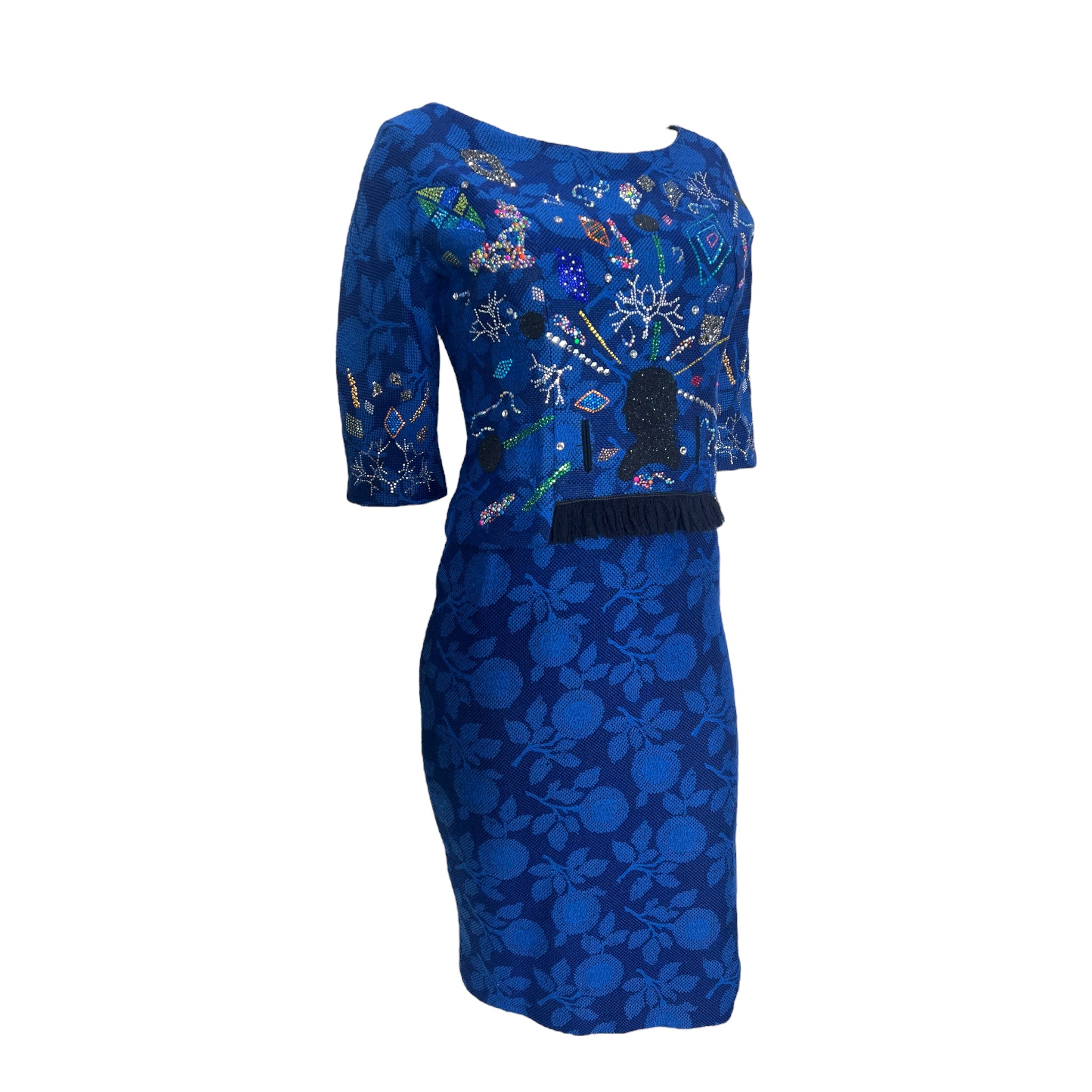 LIBERTINE Repurposed 1960s Blue Jacquard Cocktail Dress, side