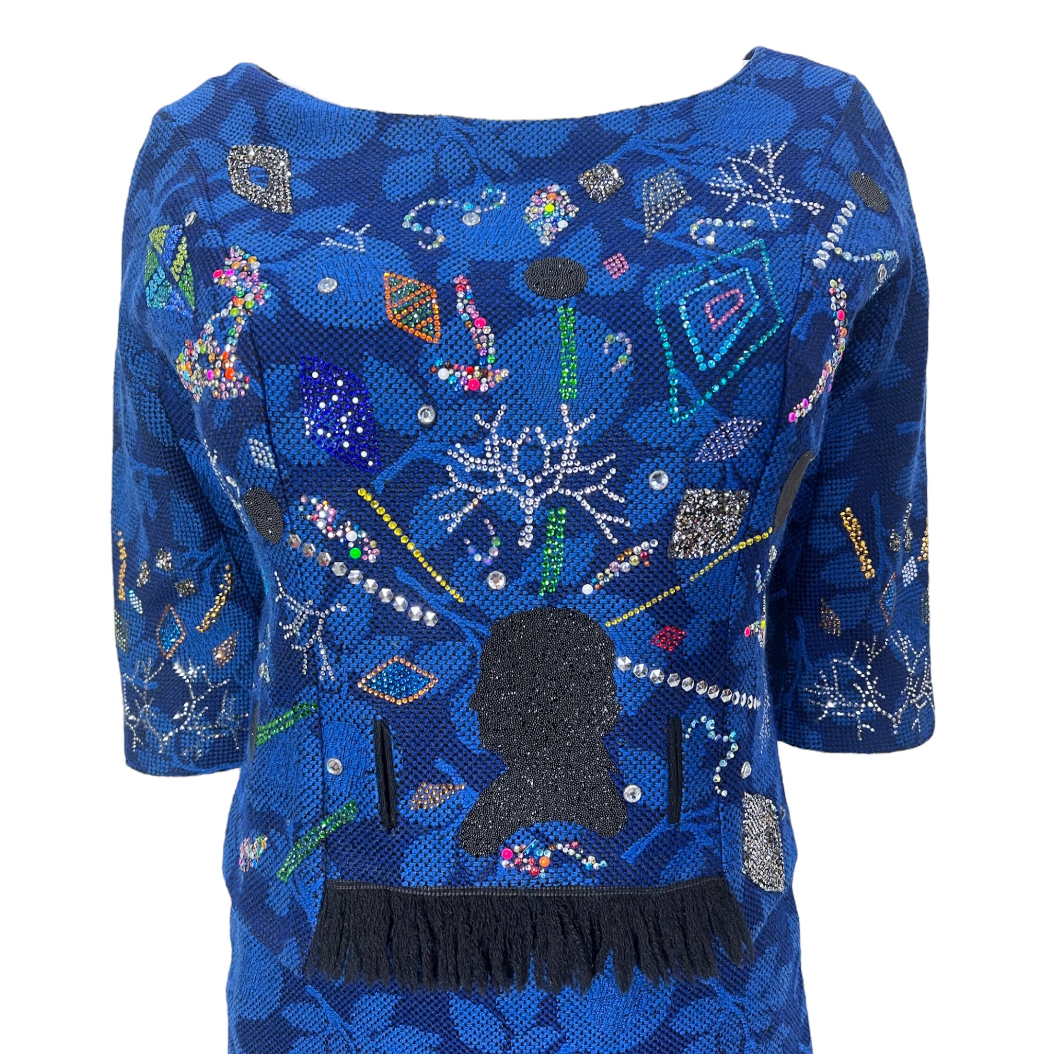 LIBERTINE Repurposed 1960s Blue Jacquard Cocktail Dress, top