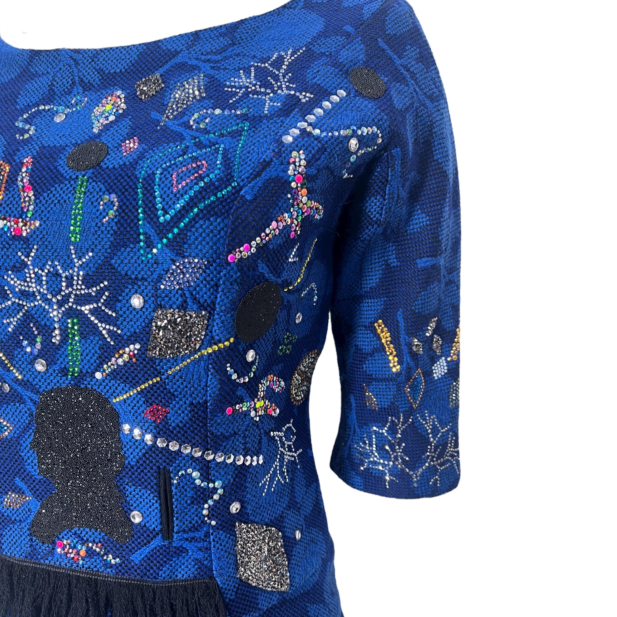 LIBERTINE Repurposed 1960s Blue Jacquard Cocktail Dress, detail bodice