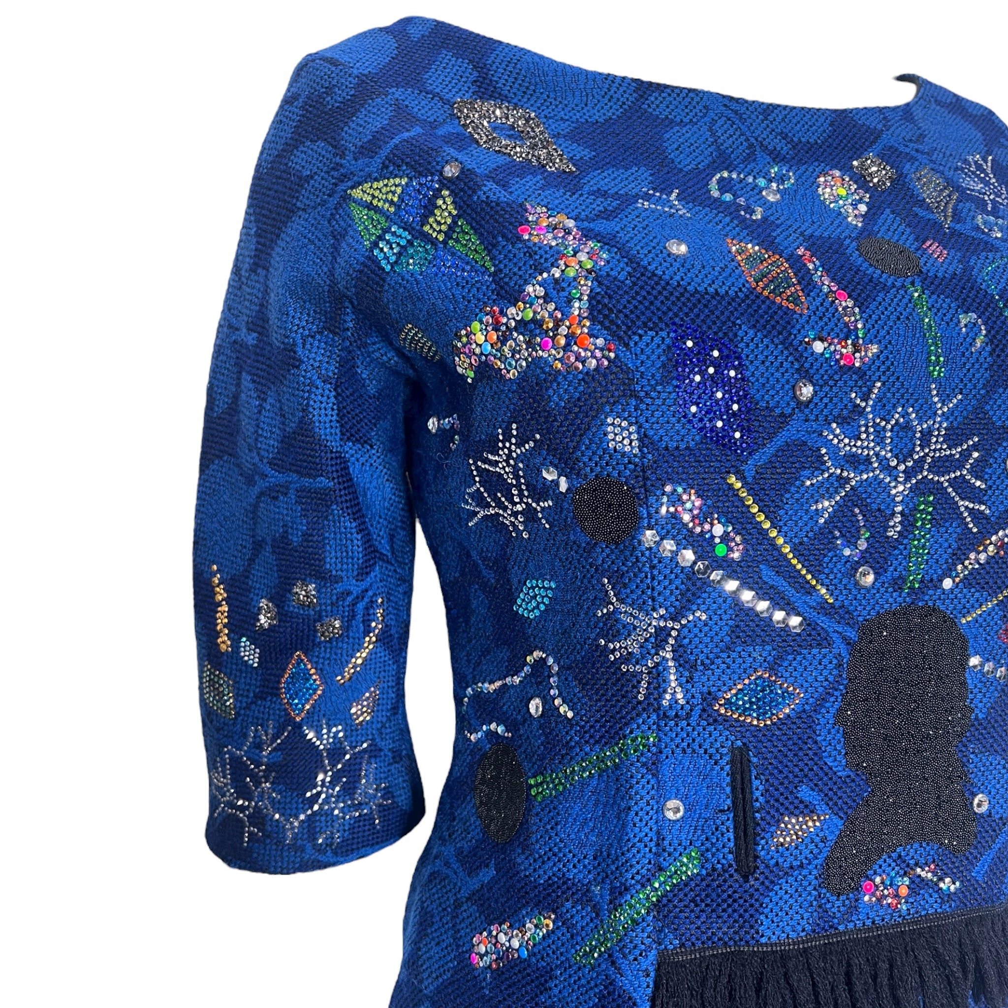 LIBERTINE Repurposed 1960s Blue Jacquard Cocktail Dress, bodice side