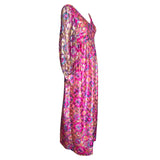 1960's Psychedelic Pink Floral Brocade Bishop Sleeve Gown, side
