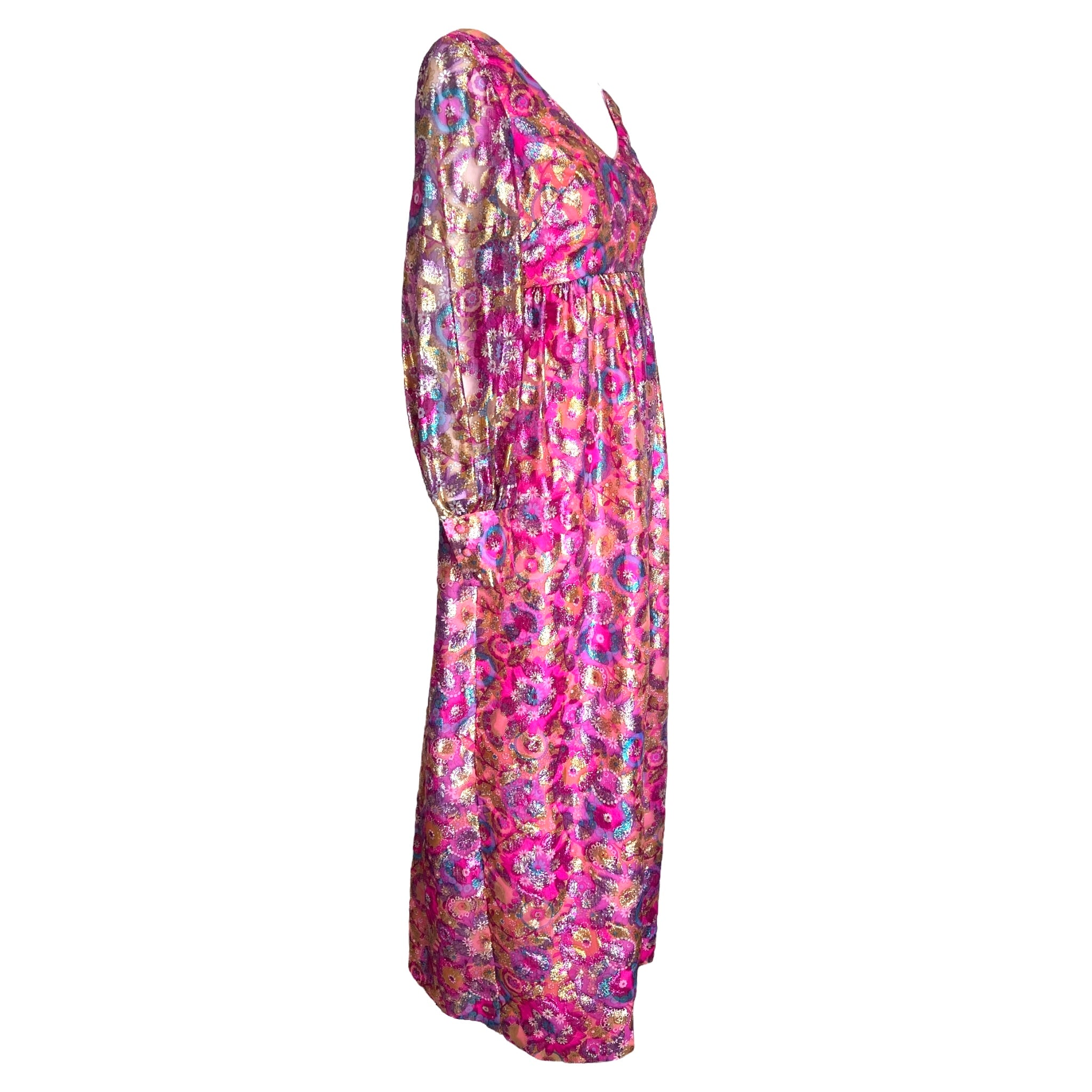 1960's Psychedelic Pink Floral Brocade Bishop Sleeve Gown, side
