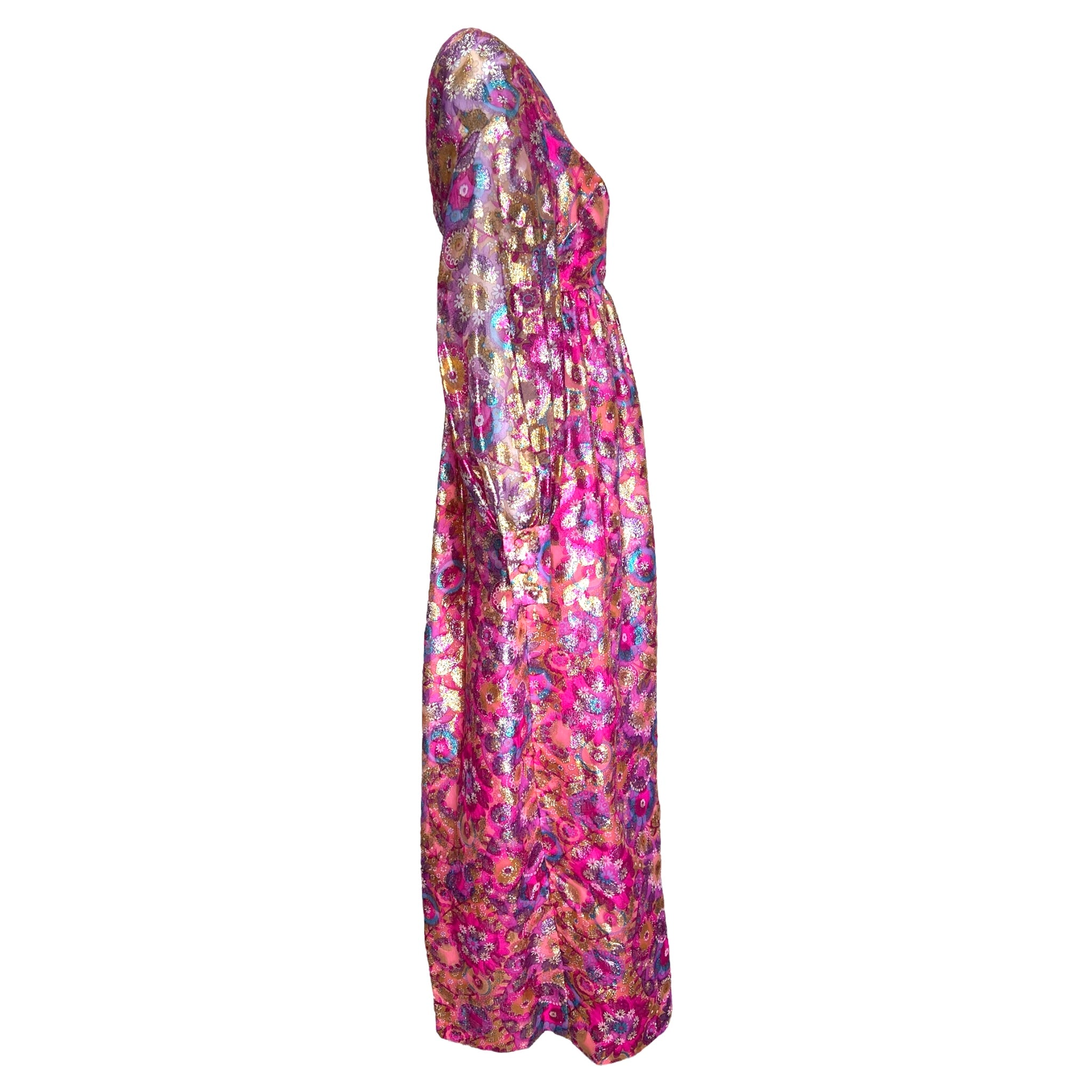 1960's Psychedelic Pink Floral Brocade Bishop Sleeve Gown, side 2