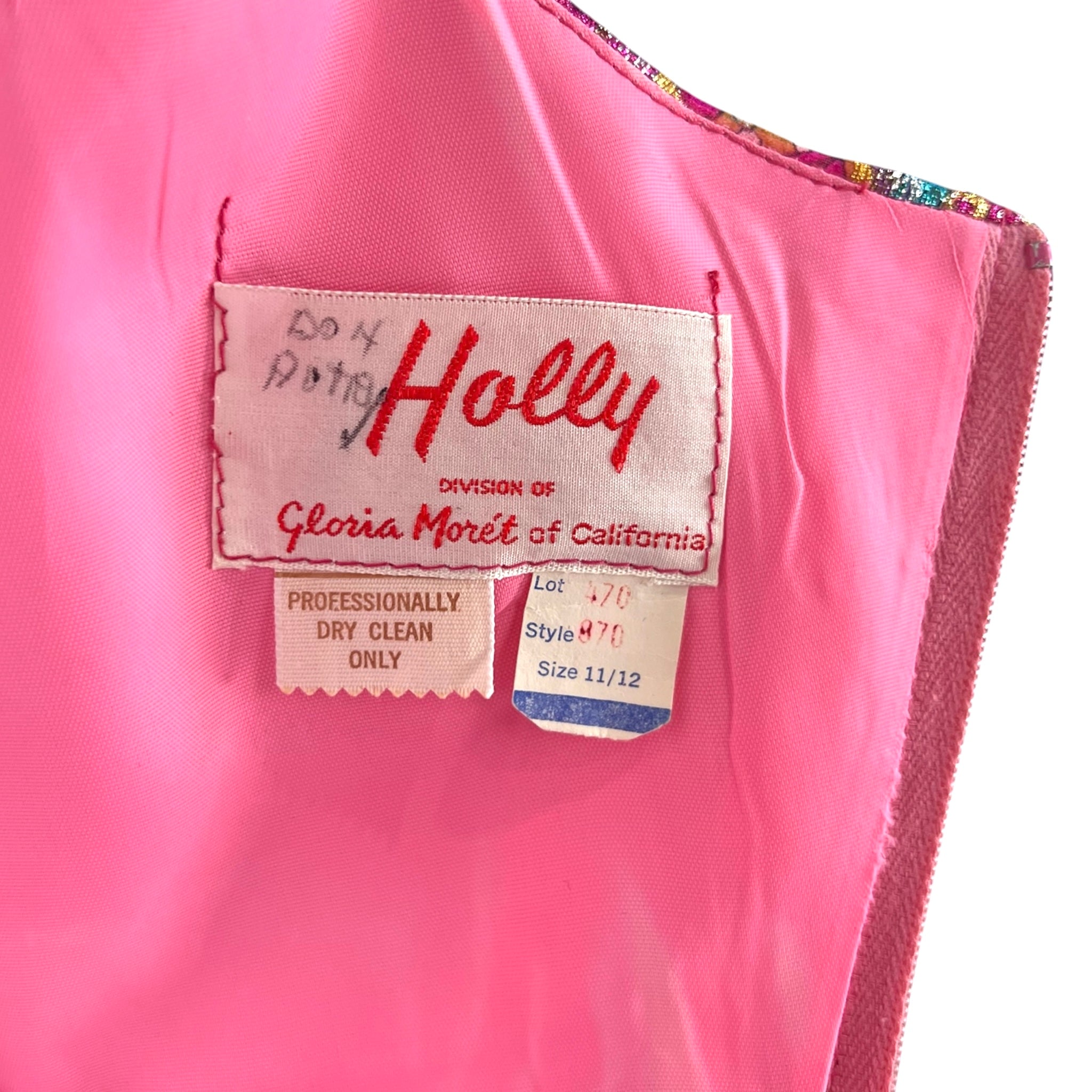 1960's Psychedelic Pink Floral Brocade Bishop Sleeve Gown, label