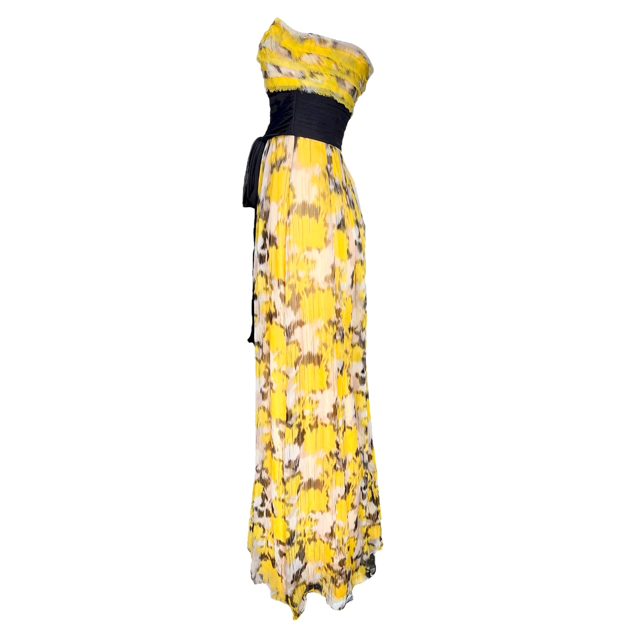 Yellow Ikat Print Chiffon Strapless Maxi Dress, side 2