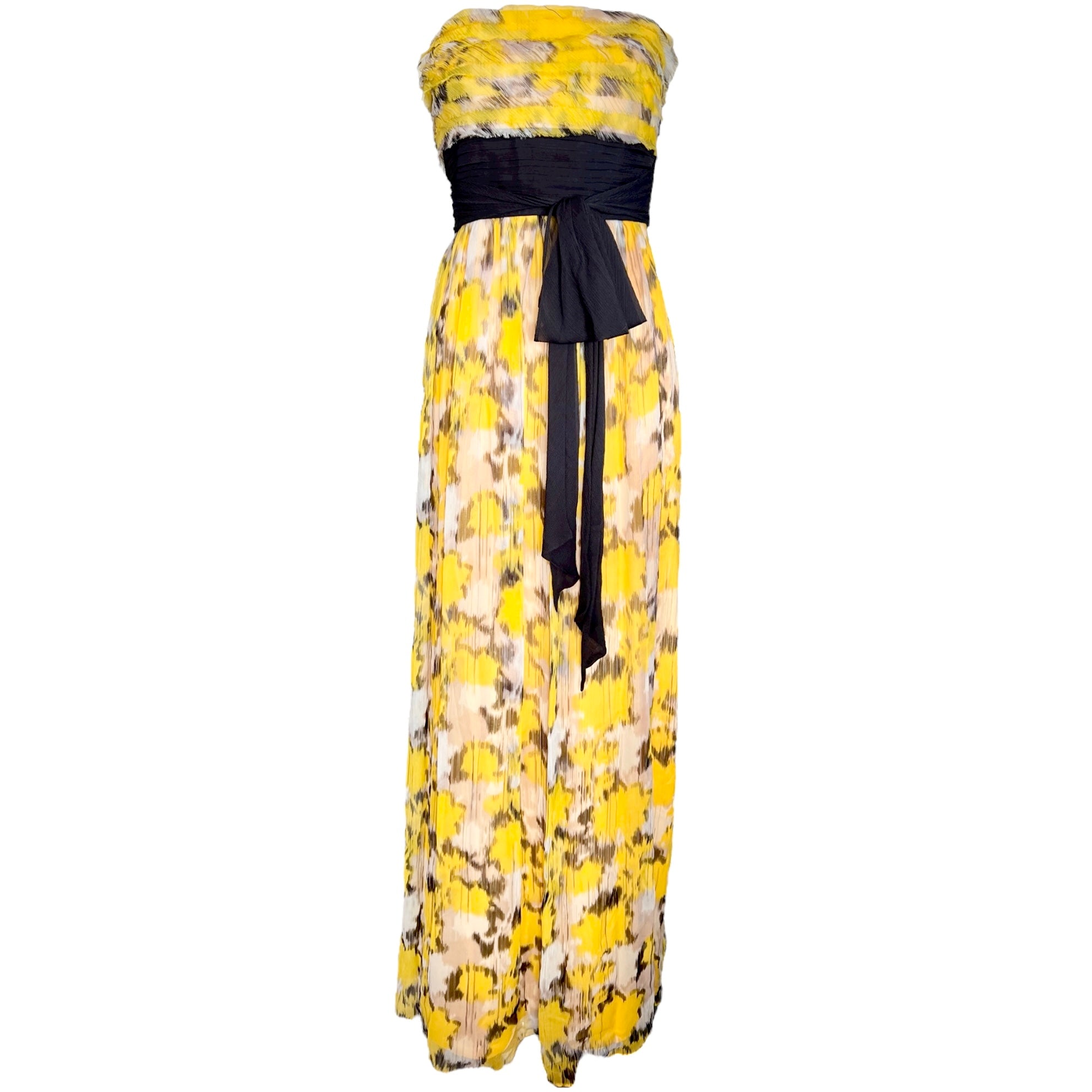 Yellow Ikat Print Chiffon Strapless Maxi Dress