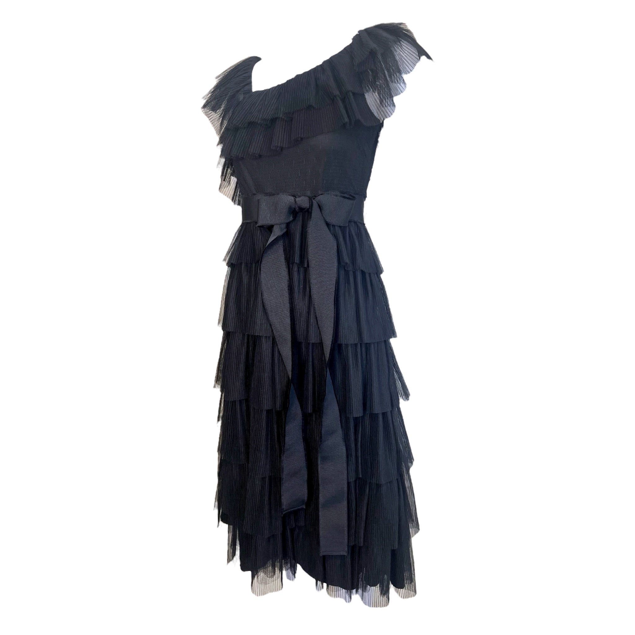Valentino Red Label Black Ruffled Tulle Tiered Dress, SIDE