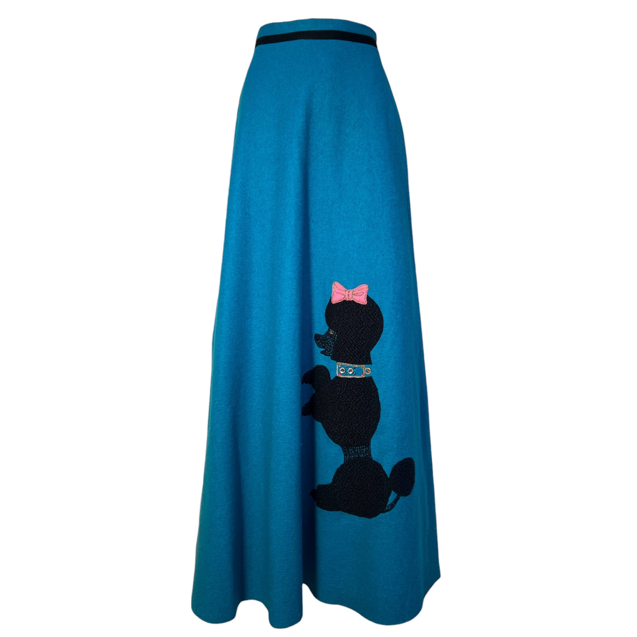 1970s Blue Felt Poodle Maxi Skirt