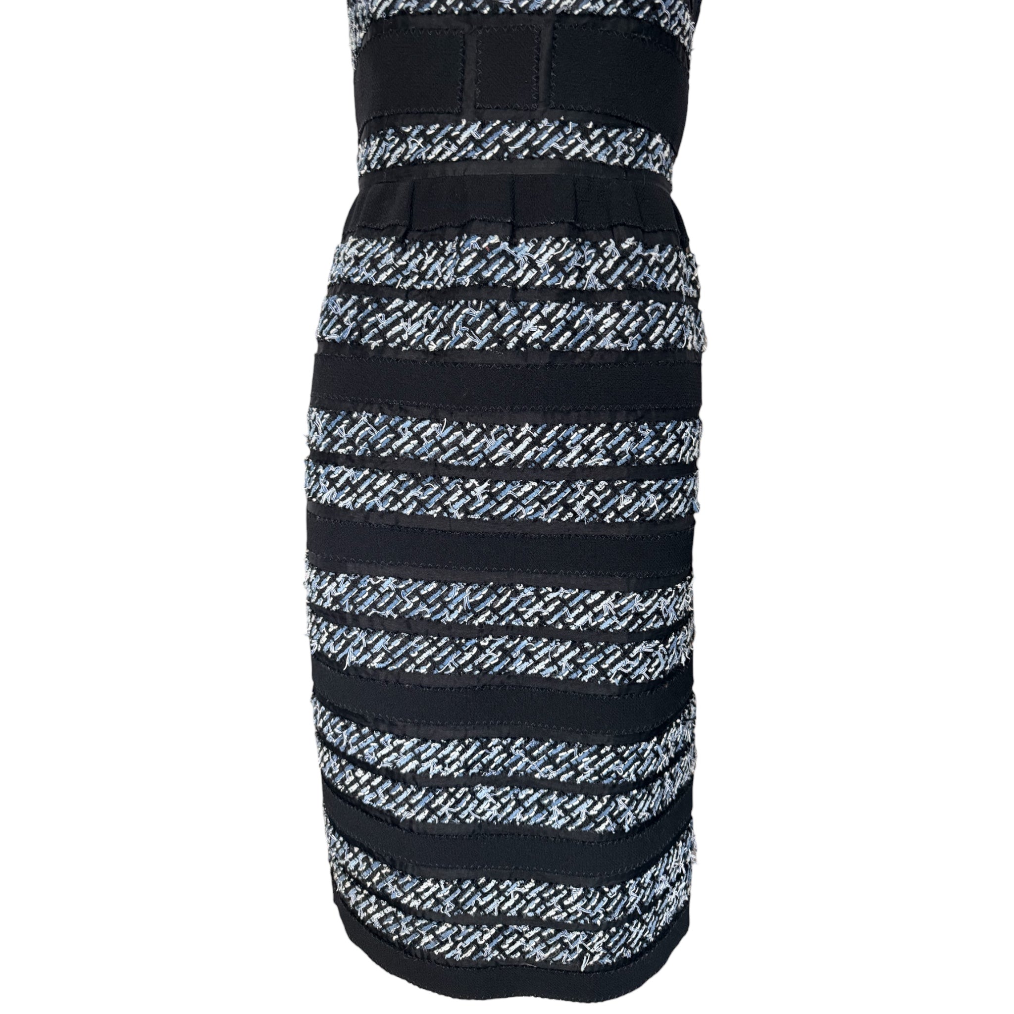 Oscar de la Renta 2000's Black Knit Dress with Tweed Stripe Appliquéd Bands, skirt