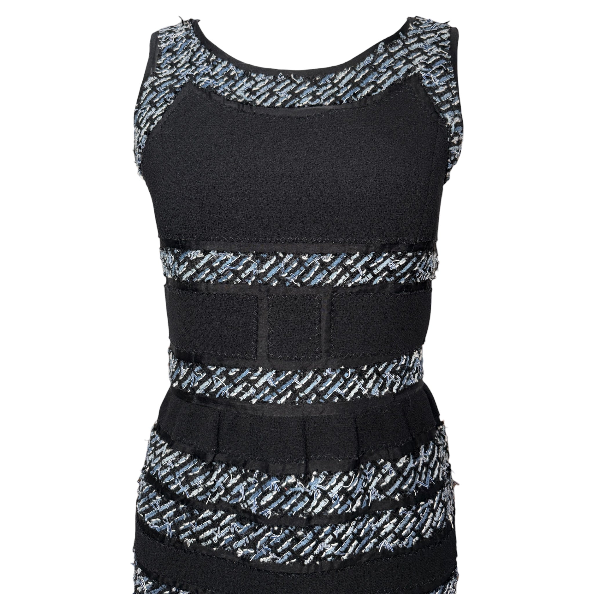 Oscar de la Renta 2000's Black Knit Dress with Tweed Stripe Appliquéd Bands, top