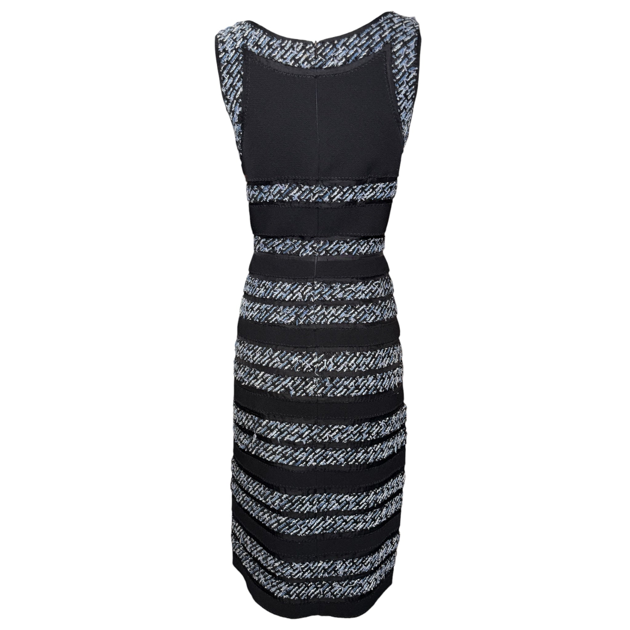 Oscar de la Renta 2000's Black Knit Dress with Tweed Stripe Appliquéd Bands, back