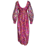1960's Psychedelic Pink Floral Brocade Bishop Sleeve Gown, back