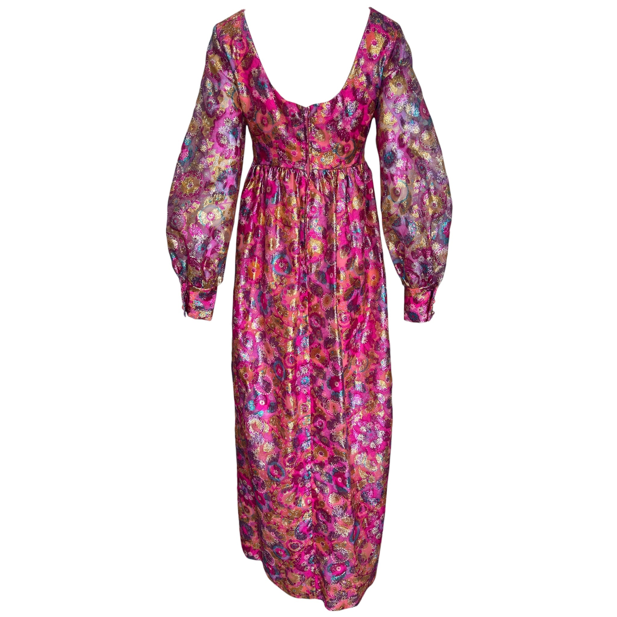 1960's Psychedelic Pink Floral Brocade Bishop Sleeve Gown, back