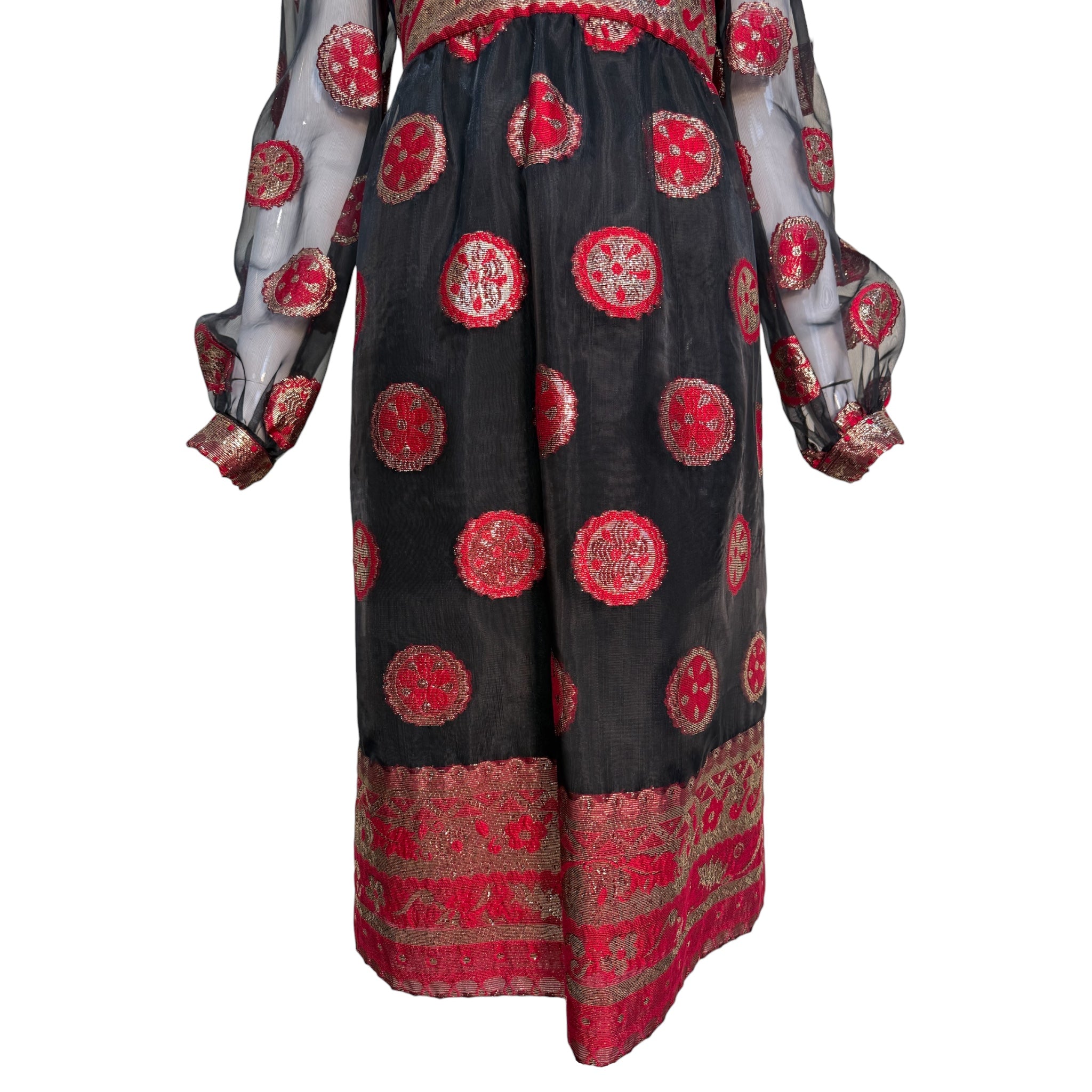 Malcolm Starr 1970s Black, Red and Gold Lurex Dress, skirt