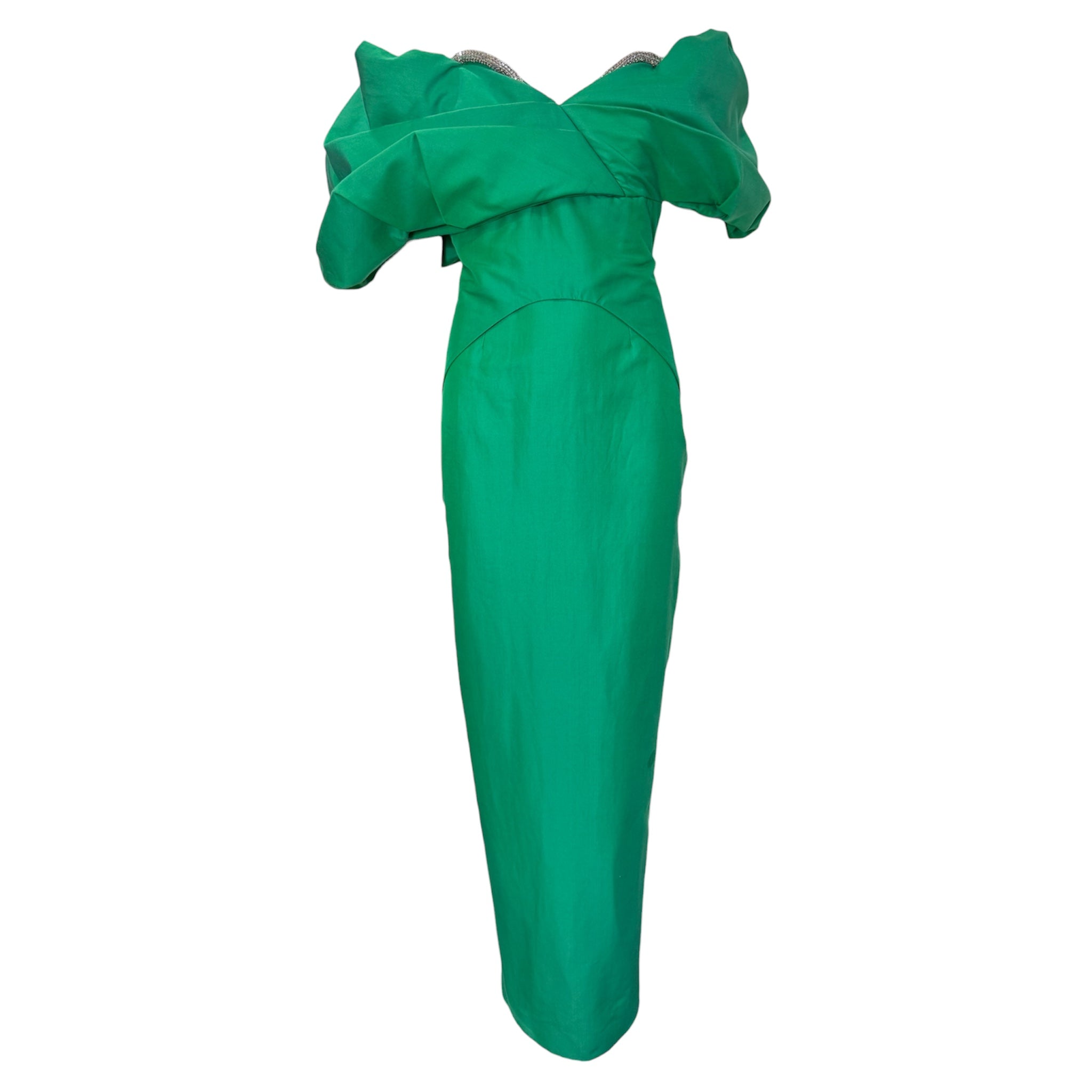 Rachel Gilbert Green Off-Shoulder Dramatic Sculptural Gown