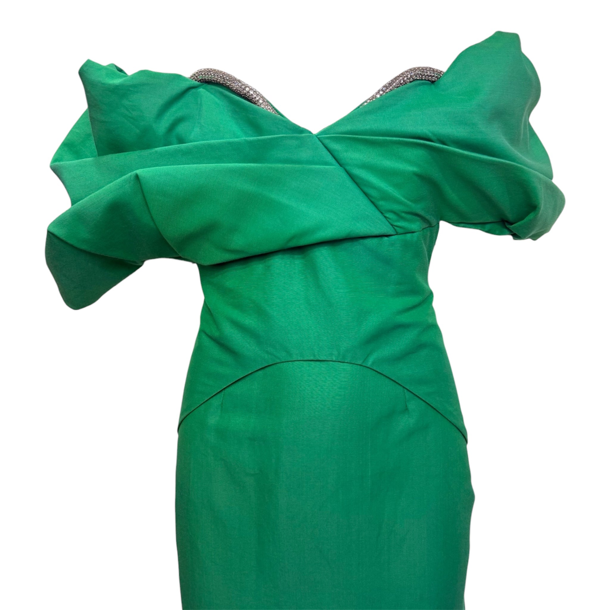 Rachel Gilbert Green Off-Shoulder Dramatic Sculptural Gown, top