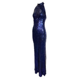 1970's Deep Purple Sequin Disco Halter Gown, side