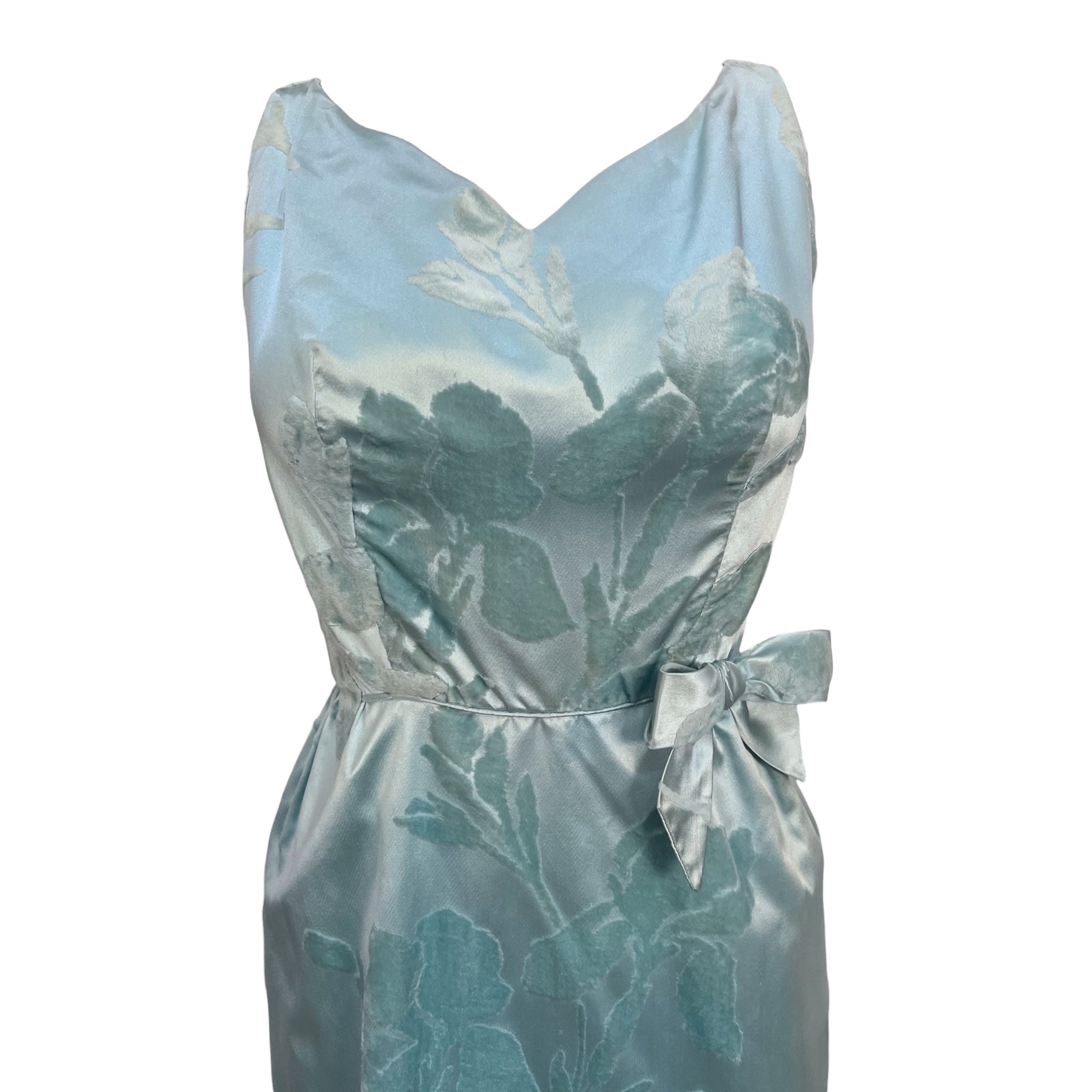Late 1950's Turquoise Pale Blue Silk Satin Shaved Velvet Gown, top