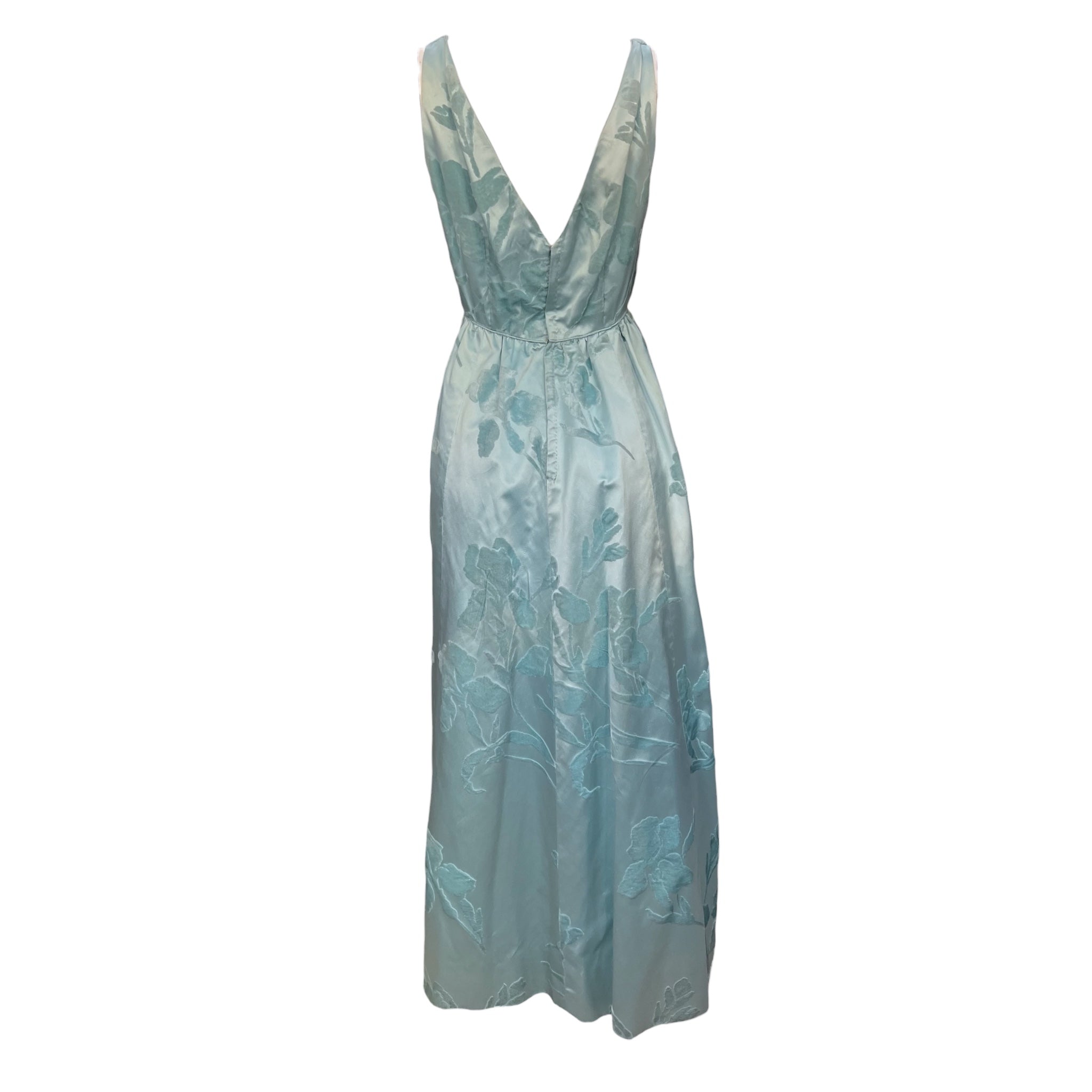 Late 1950's Turquoise Pale Blue Silk Satin Shaved Velvet Gown, back
