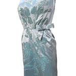 Late 1950's Turquoise Pale Blue Silk Satin Shaved Velvet Gown, front side detail