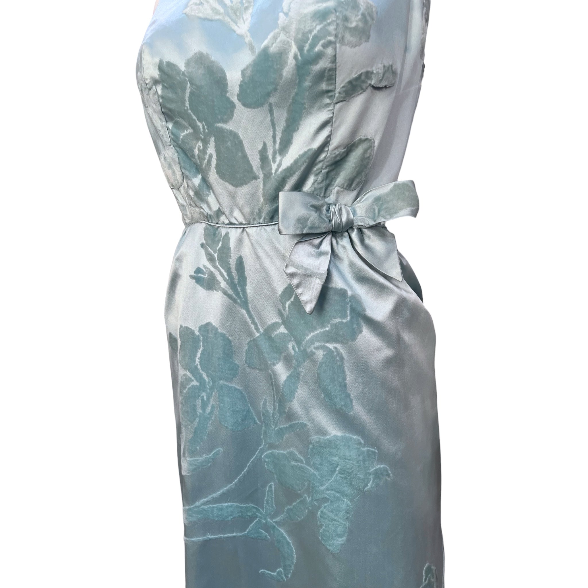 Late 1950's Turquoise Pale Blue Silk Satin Shaved Velvet Gown, front side detail