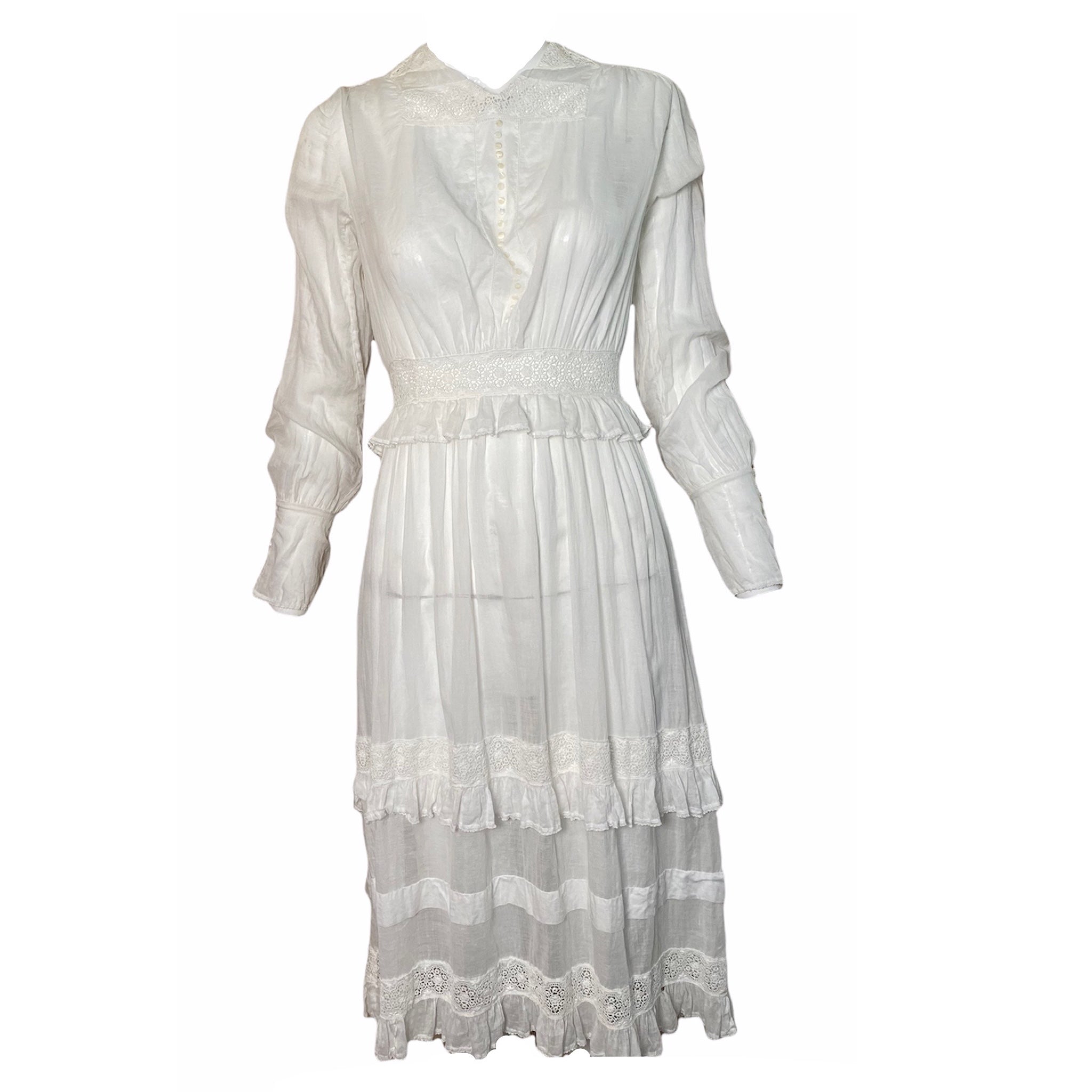Edwardian/Early 20s White Lawn  Dress with Ruffle  and Lace Insert Detail, front