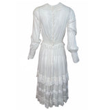 Edwardian/Early 20s White Lawn  Dress with Ruffle  and Lace Insert Detail, back