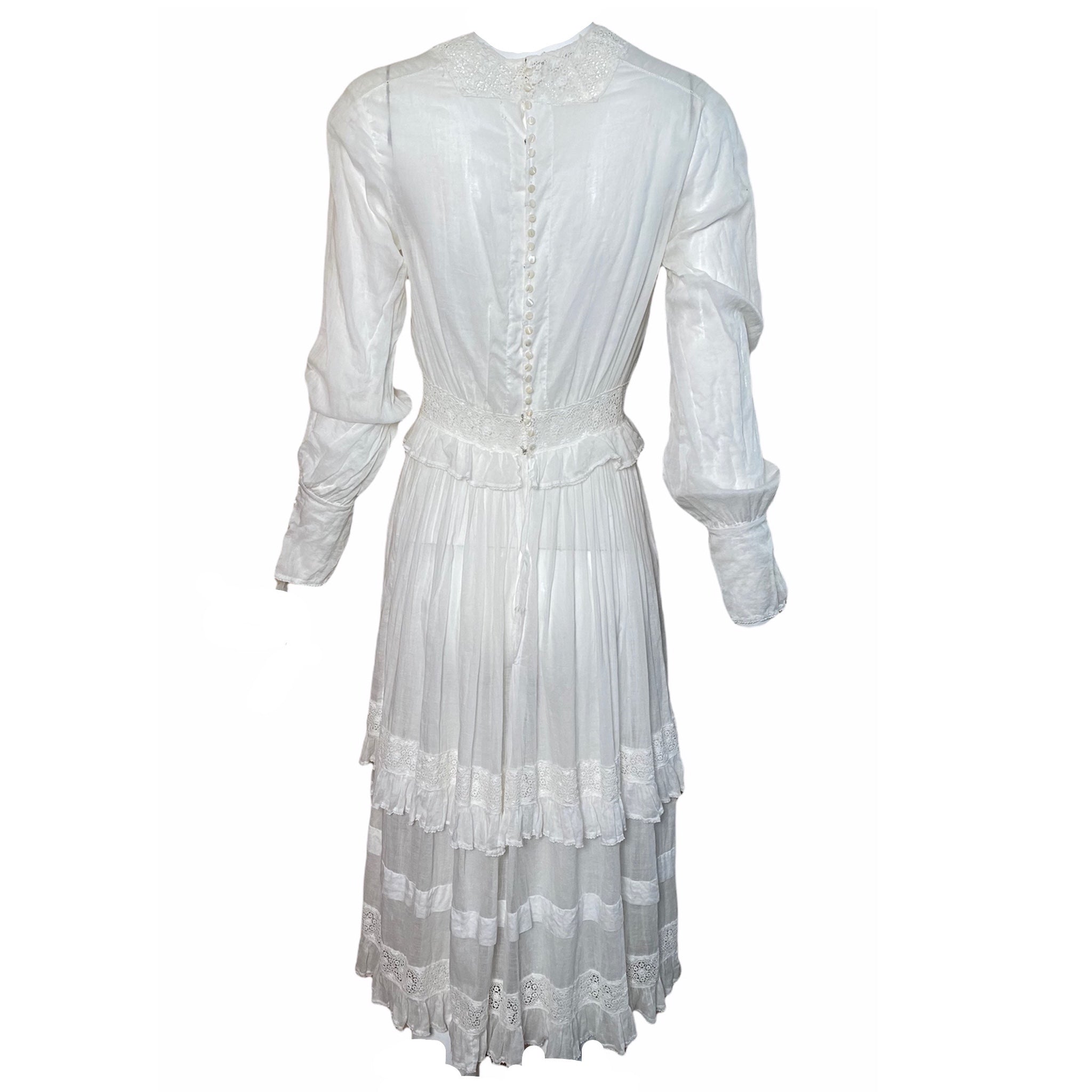 Edwardian/Early 20s White Lawn  Dress with Ruffle  and Lace Insert Detail, back