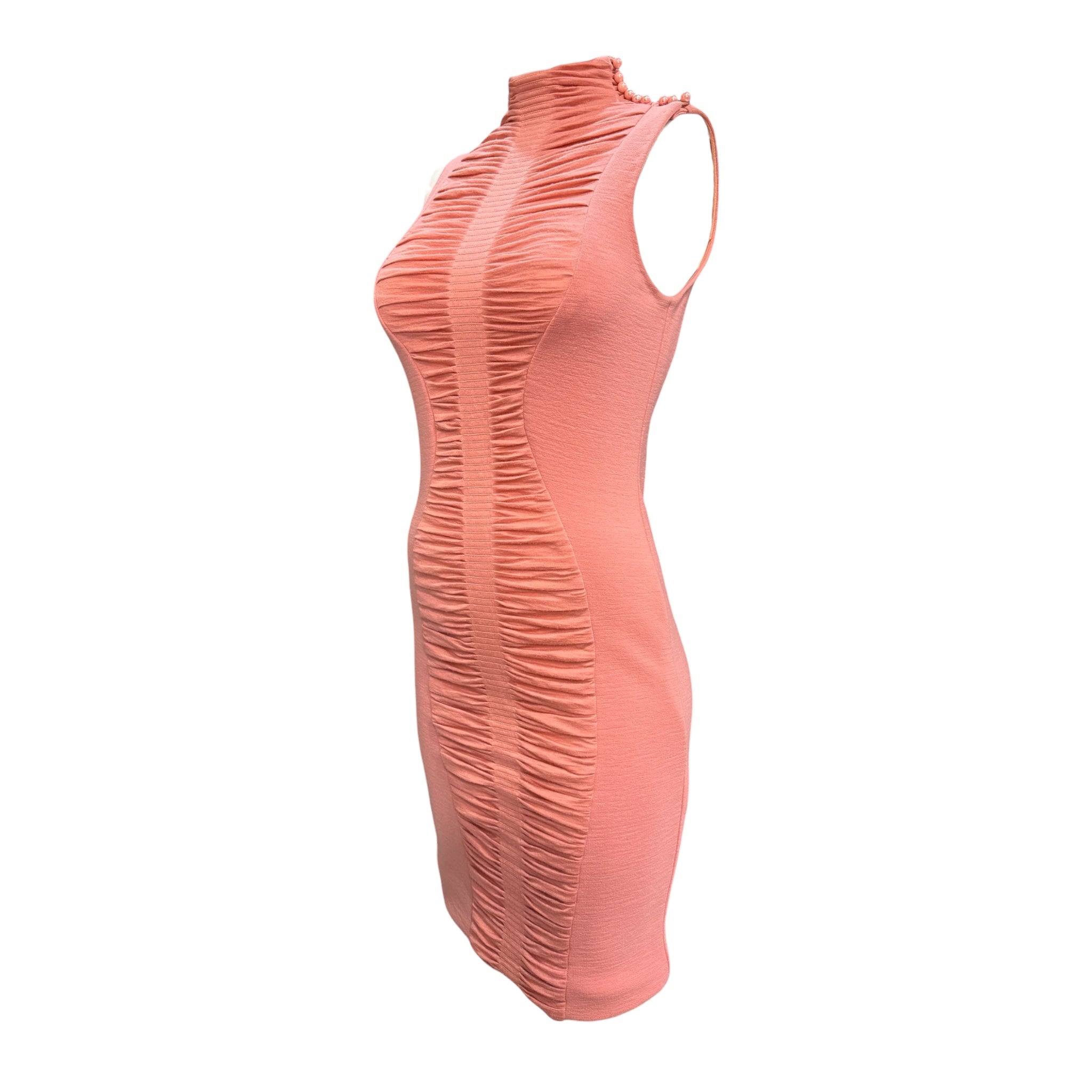 Zac Posen 2010s Peachy Pink Ruched Mock Neck Cocktail Dress, side