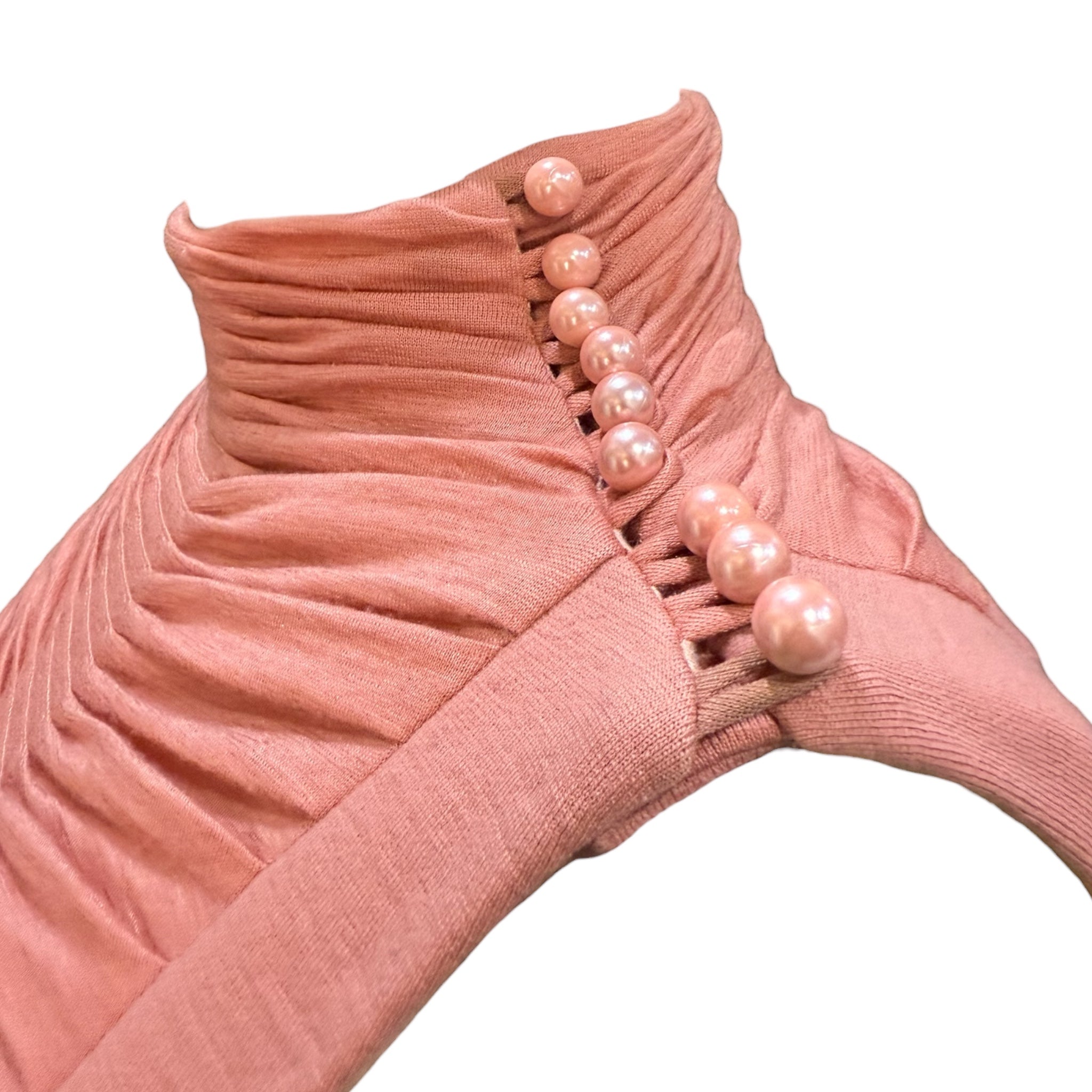 Zac Posen 2010s Peachy Pink Ruched Mock Neck Cocktail Dress, detail