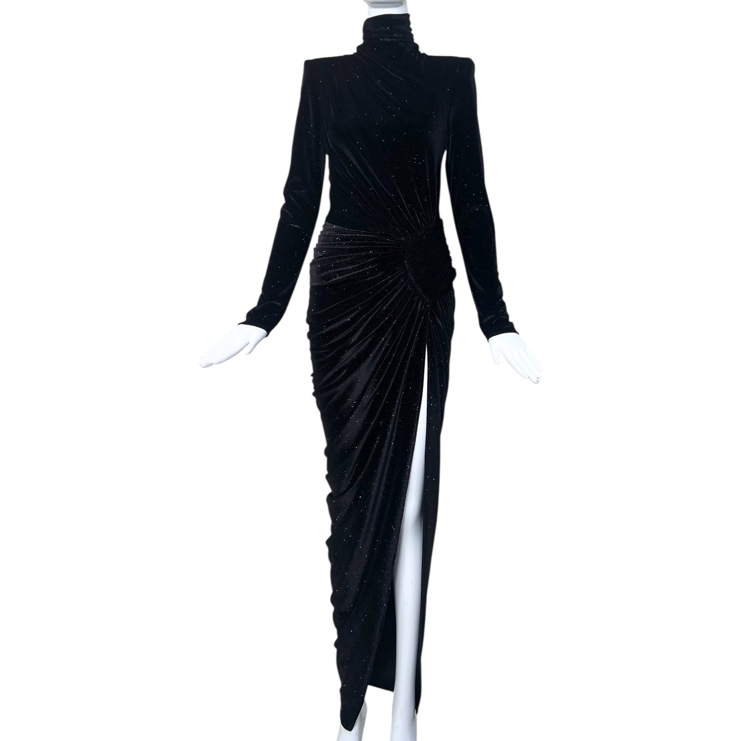 Alexandre Vauthier - Ruched Crystal-embellished Stretch-velvet Turtleneck Gown - Black