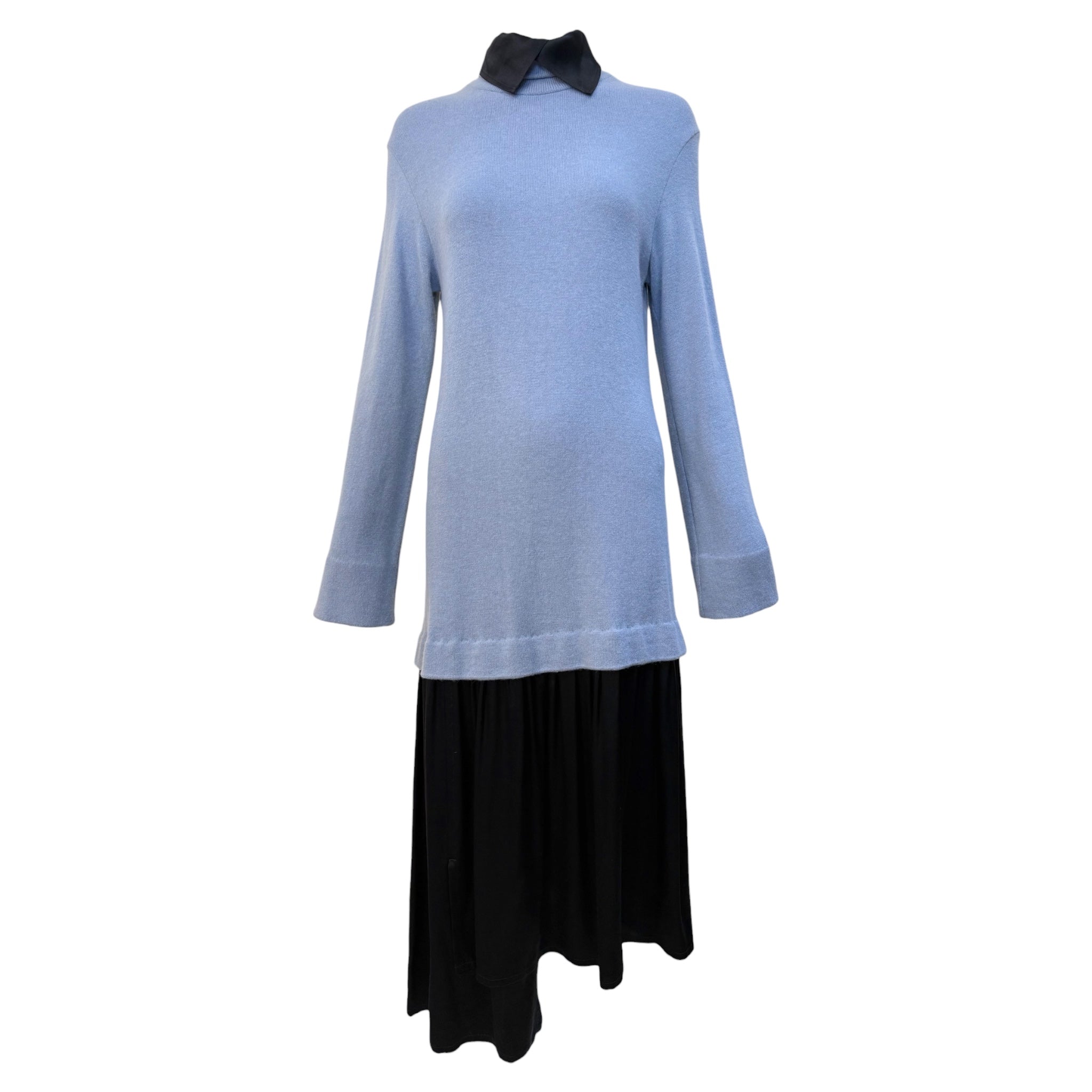 Yohji Yamamoto 1990's Layered Light Blue Sweater and Black Collared Silk Slip Dress