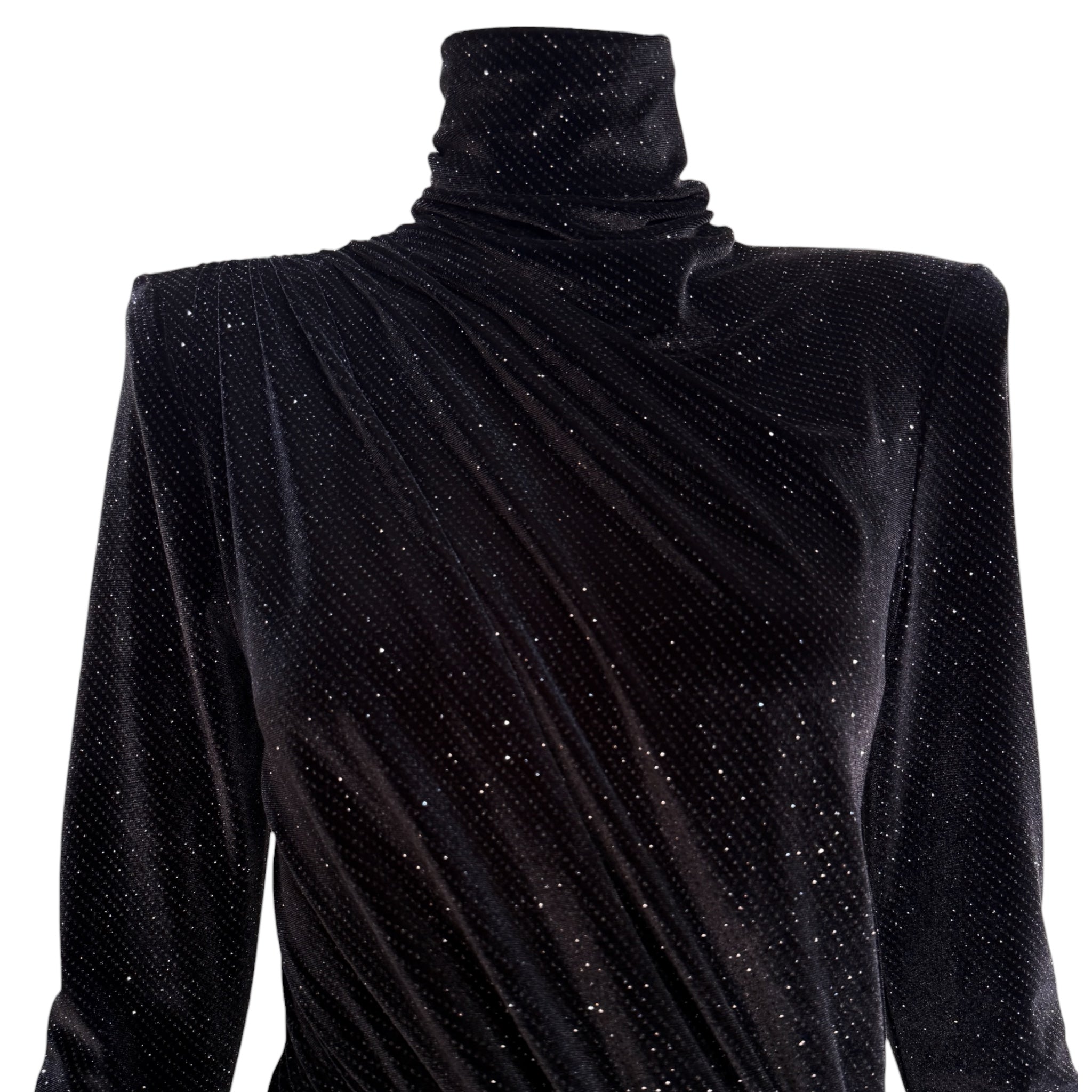 Alexandre Vauthier 2020 Sparkling Black Velvet Turtle Neck Evening Gown, top