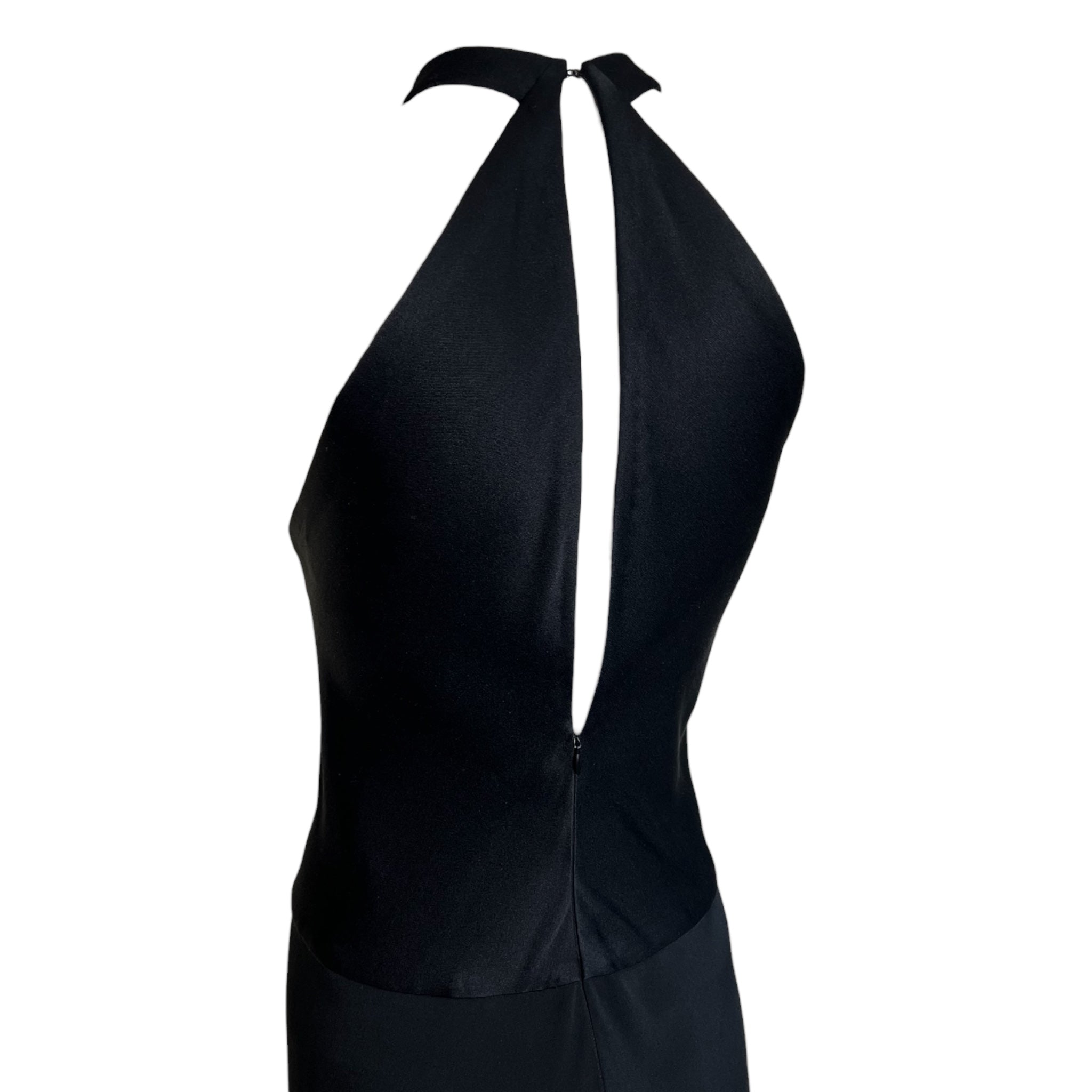 Geoffrey Beene Late 1970's Black Jersey Halter Neck Evening Gown, back top