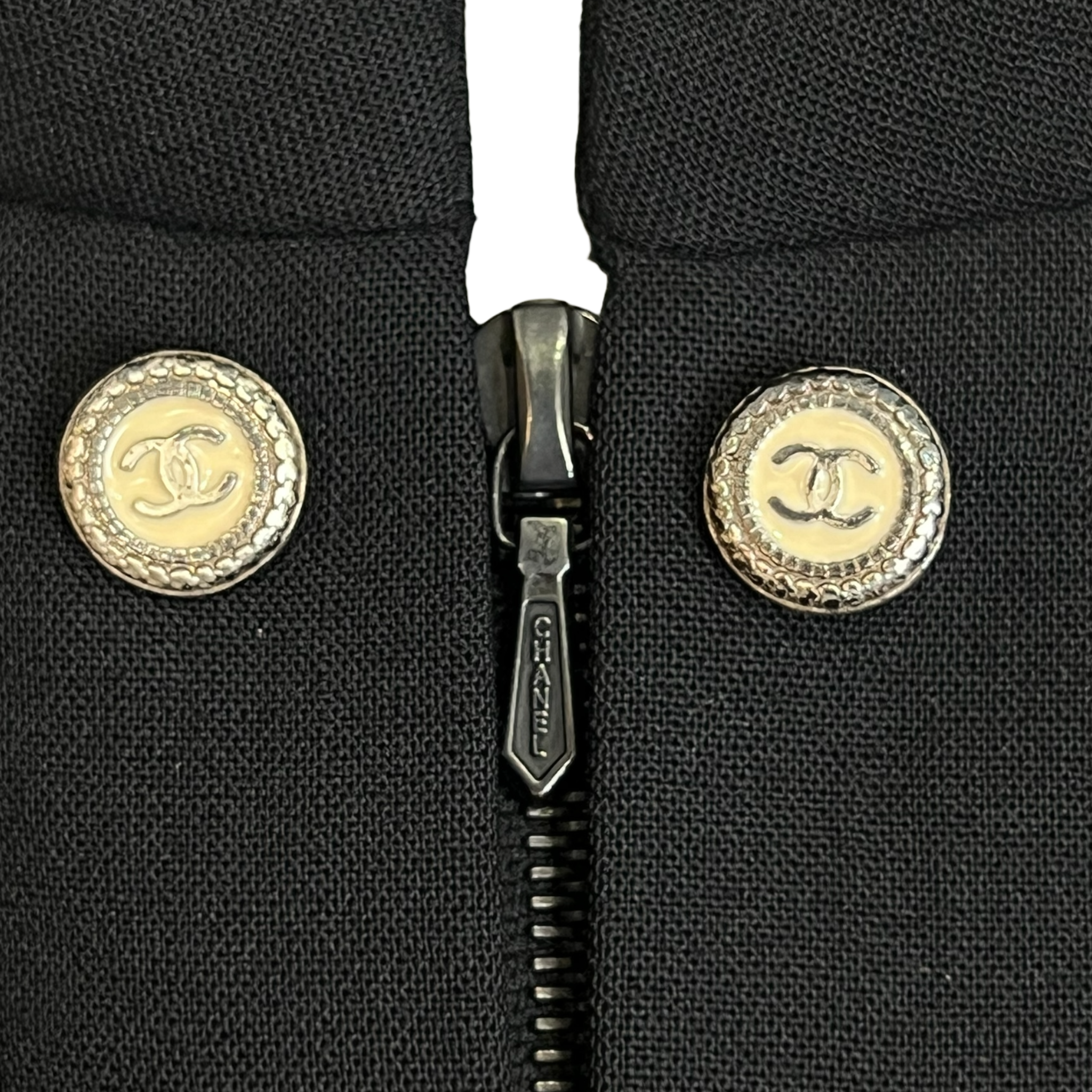 Chanel S/S 2007 Black Wool Double-Breasted Military Style Jacket, zipper detail