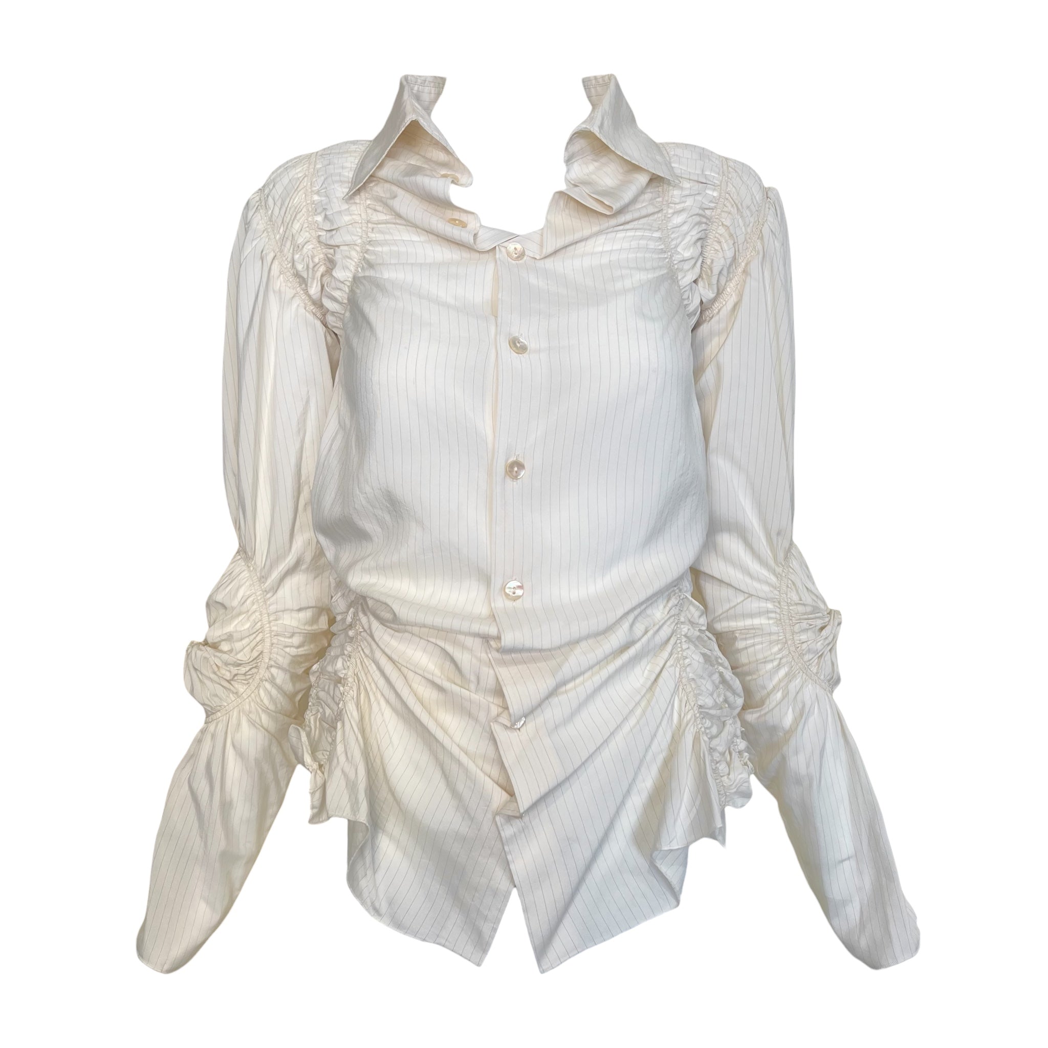 Jean Paul Gaultier Femme 2000's Cream Pin Striped Ruched Blouse