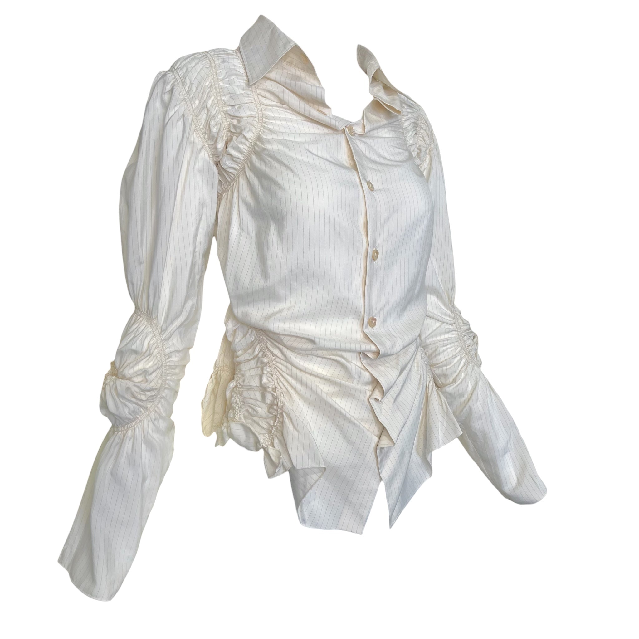 Jean Paul Gaultier Femme 2000's Cream Pin Striped Ruched Blouse, side