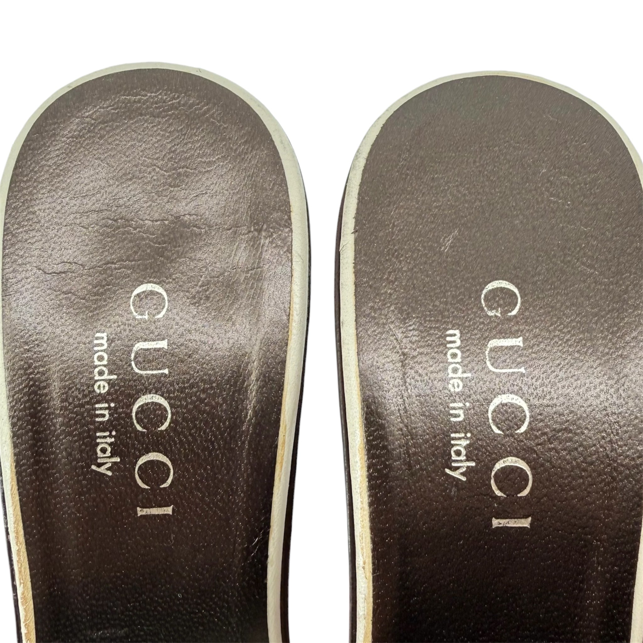 Gucci by Tom Ford S/S 1999 Ecru Leather O-Ring Strappy Sandals, 7B, label