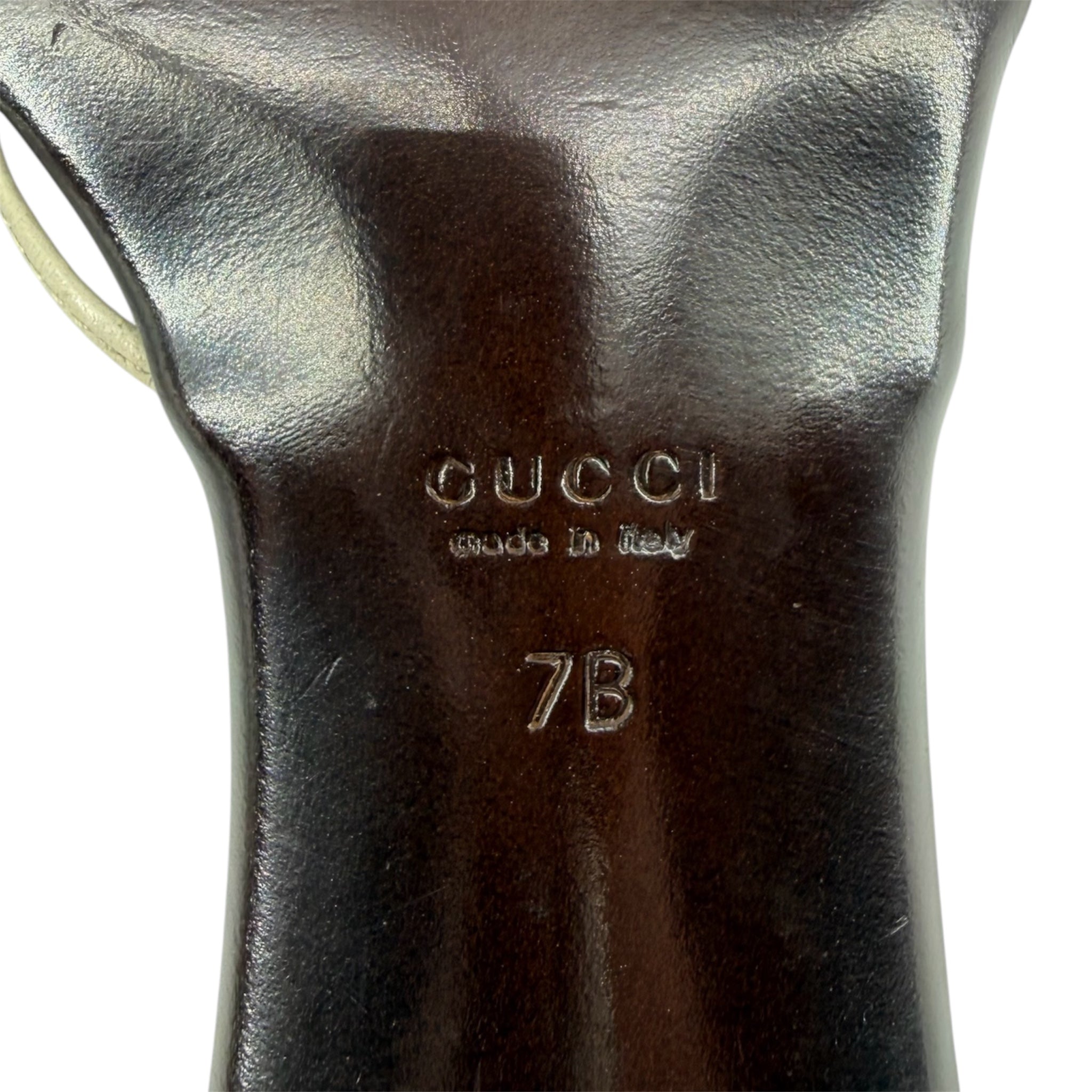 Gucci by Tom Ford S/S 1999 Ecru Leather O-Ring Strappy Sandals, 7B, sole stamp