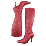 Walter Steiger Red Ostrich Leather Knee High Boots, 37 1/2, 2