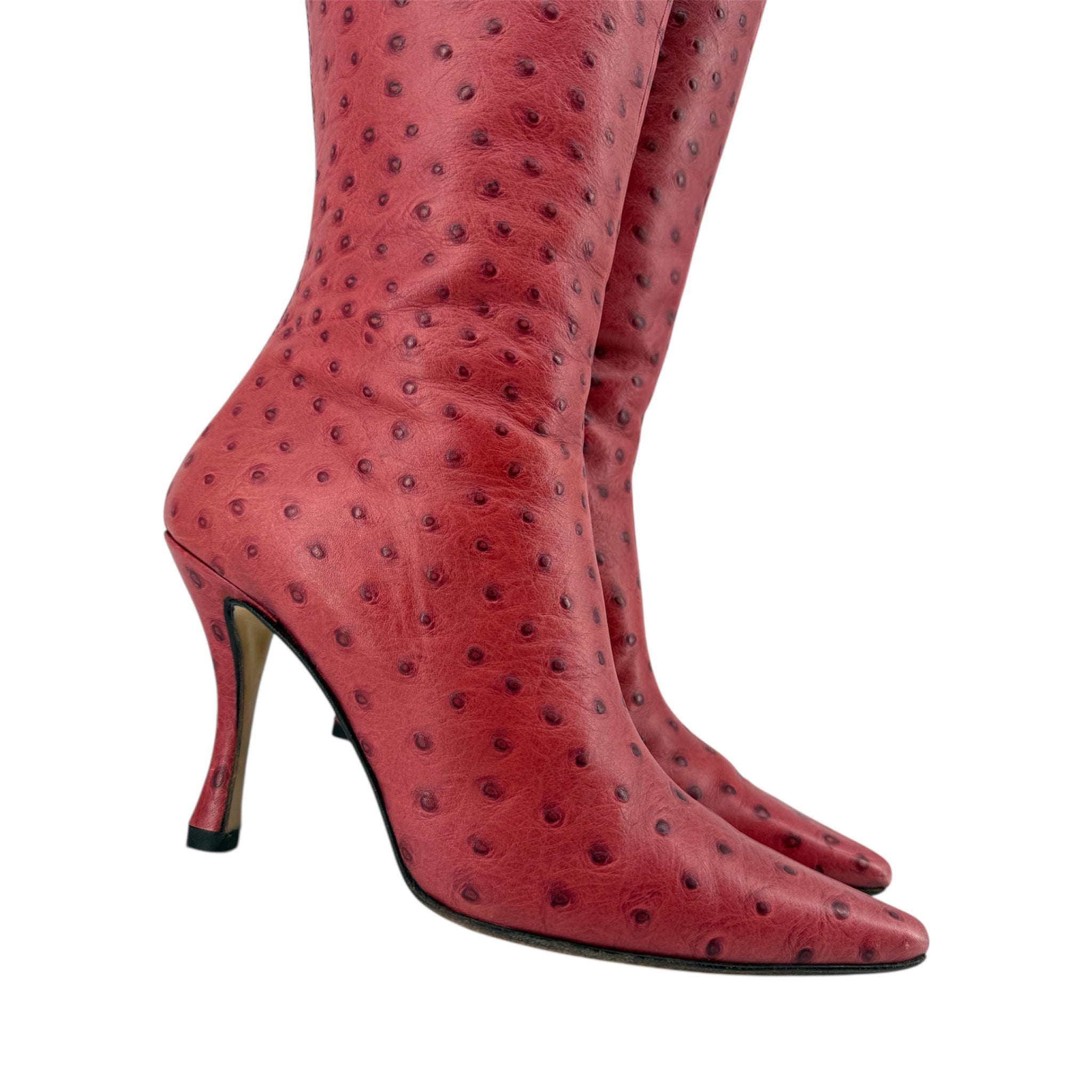 Walter Steiger Red Ostrich Leather Knee High Boots, 37 1/2, toes