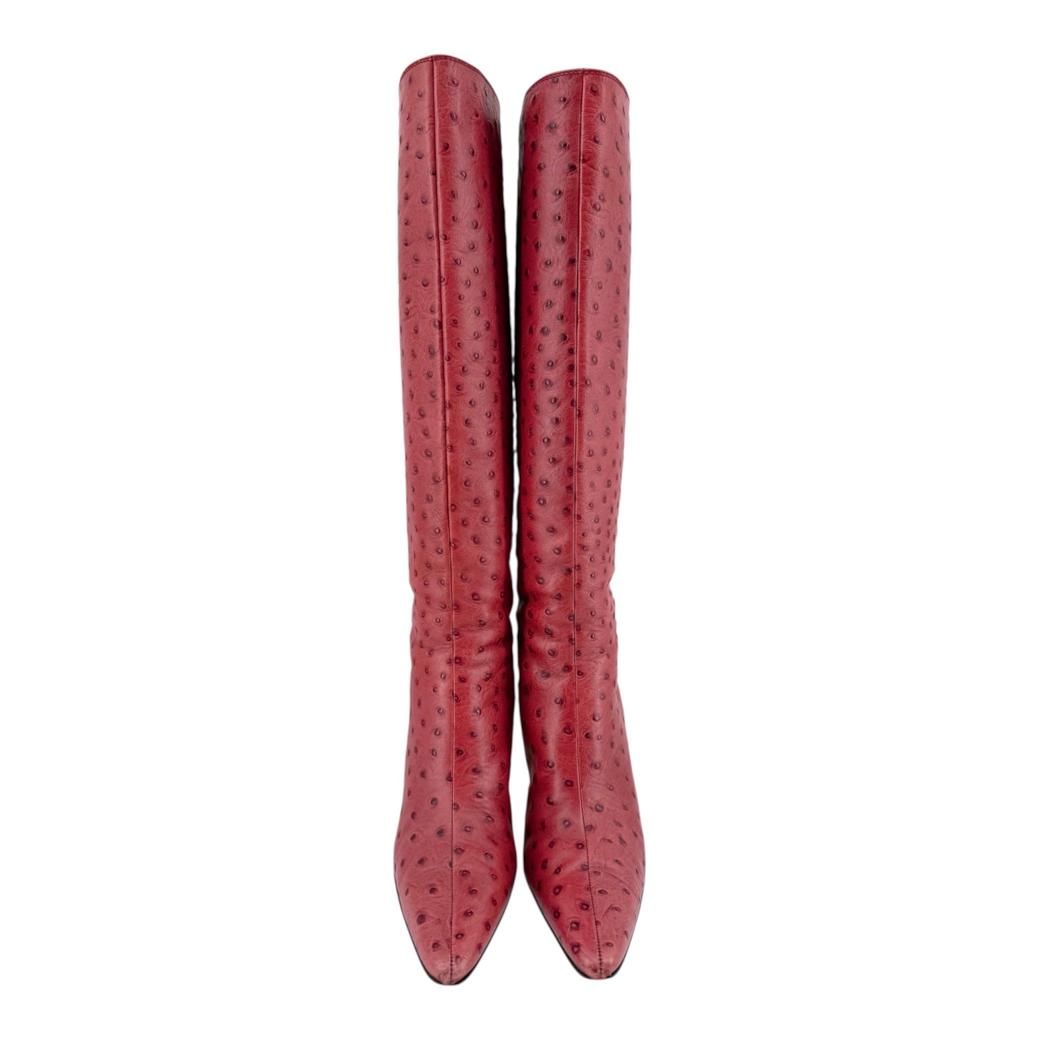 Walter Steiger Red Ostrich Leather Knee High Boots, 37 1/2, side by side