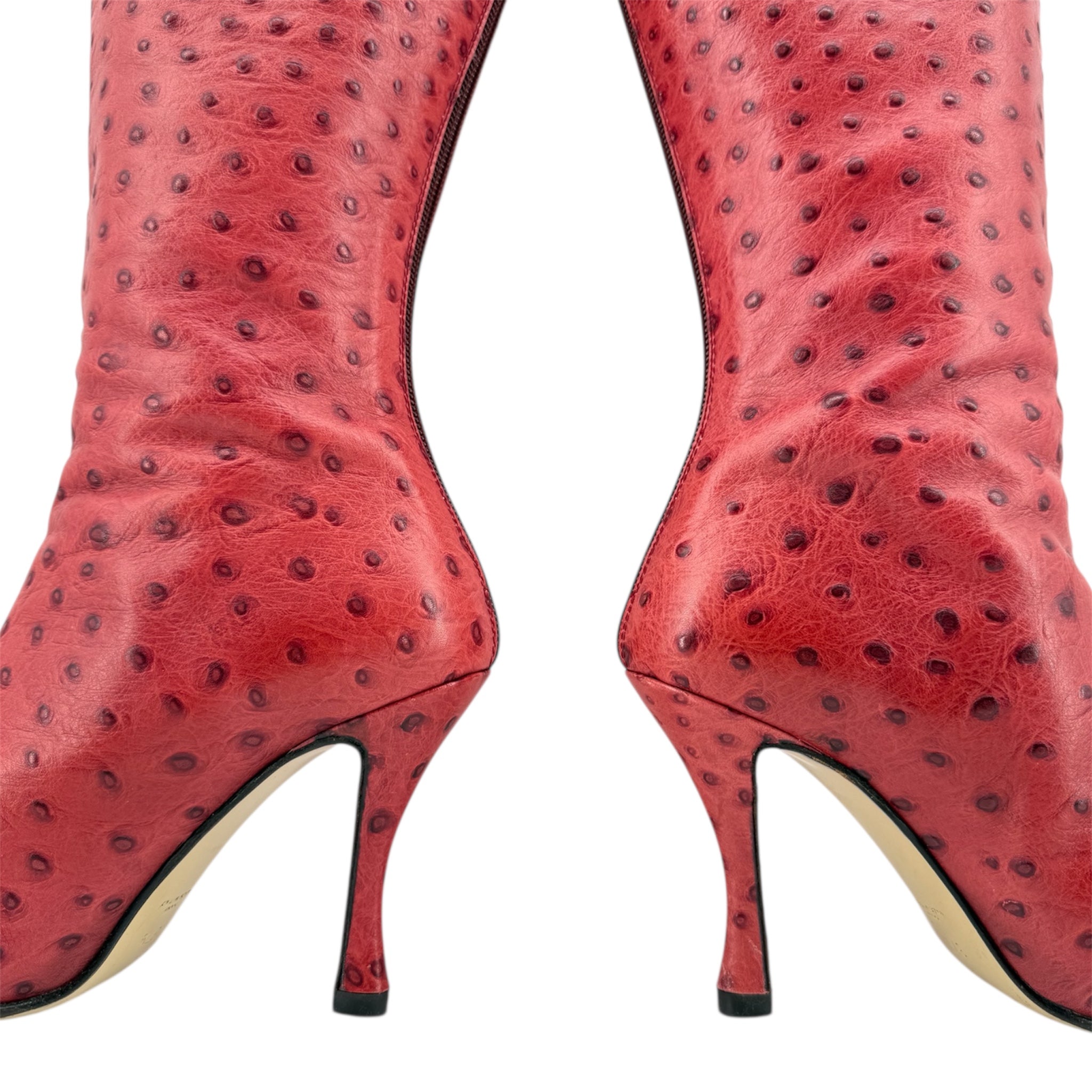 Walter Steiger Red Ostrich Leather Knee High Boots, 37 1/2, side lower