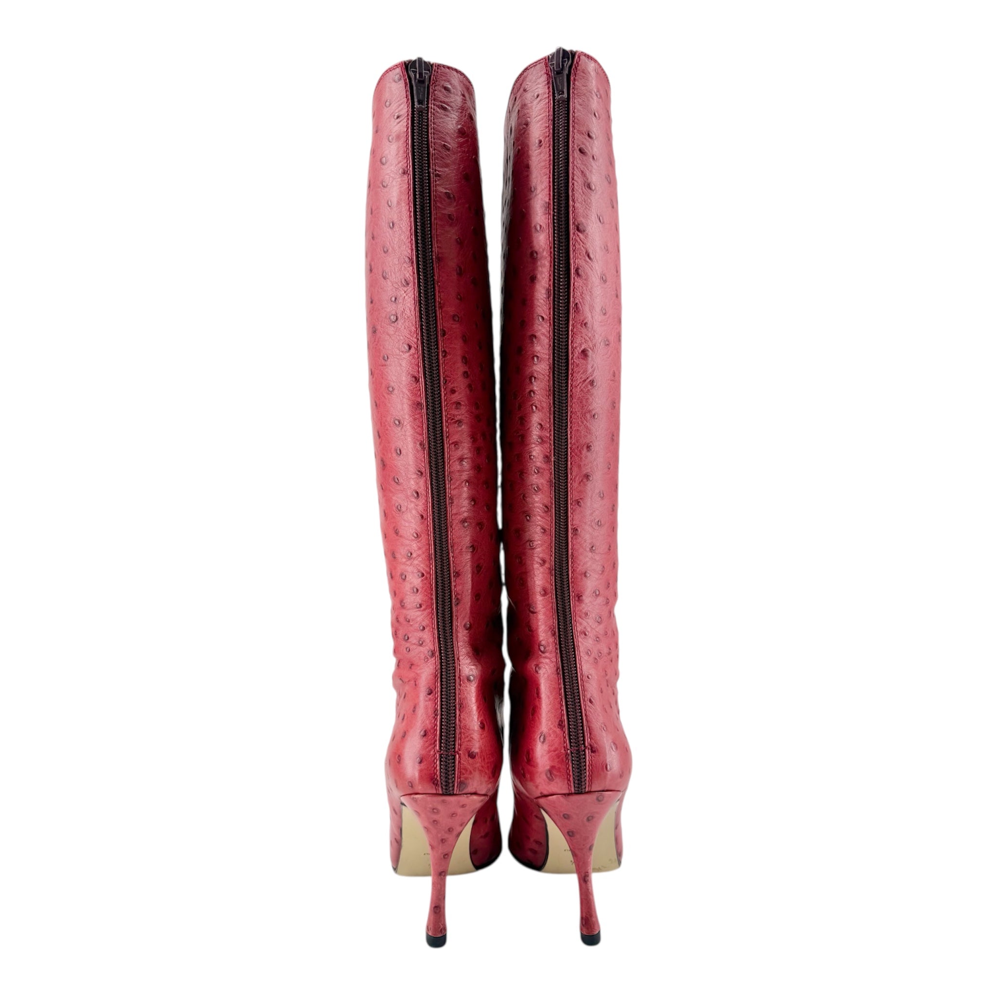 Walter Steiger Red Ostrich Leather Knee High Boots, 37 1/2, back